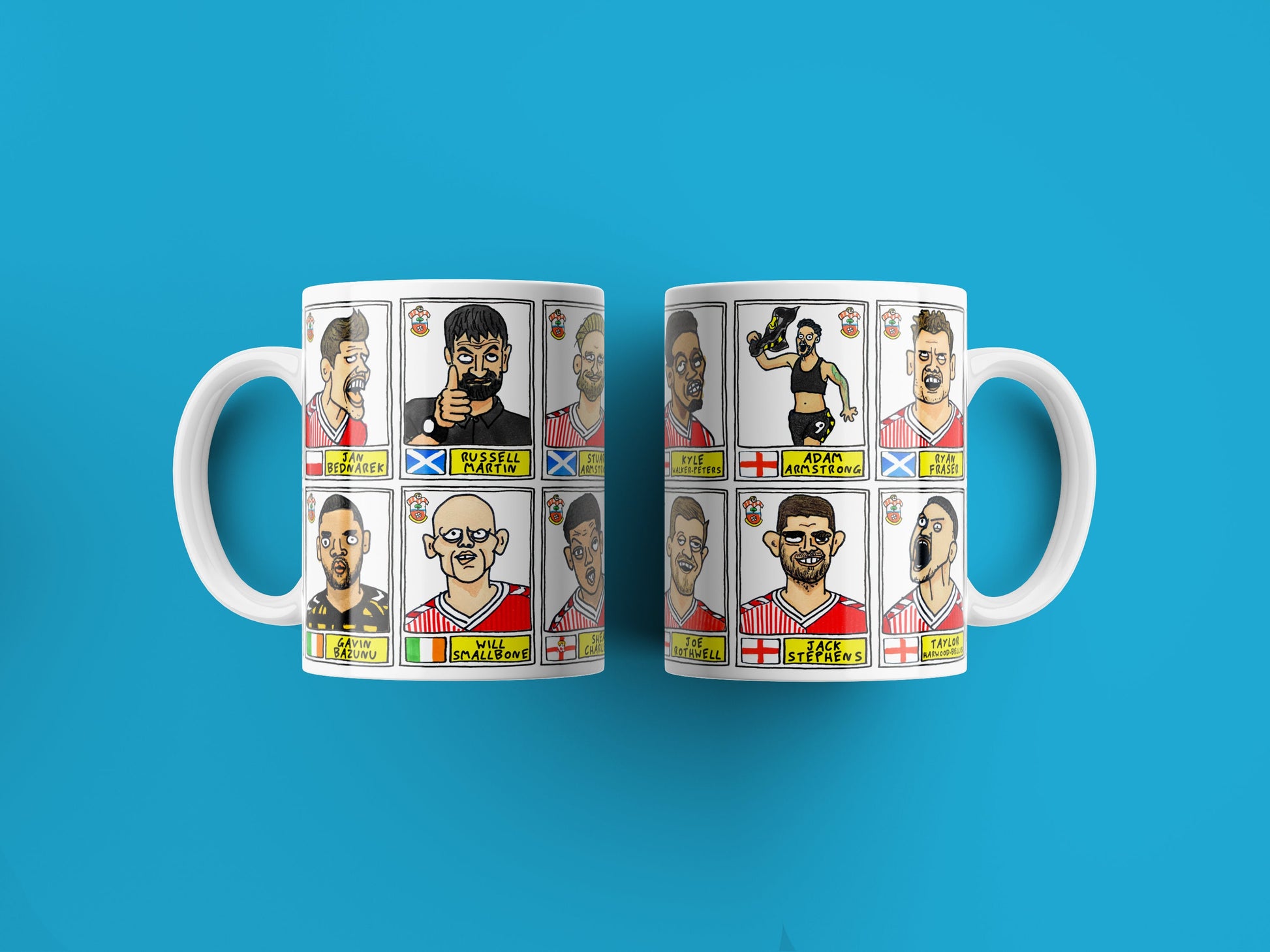 Southampton Vol 2 No Score Draws Mug Set - Set of TWO DIFFERENT 11oz Ceramic Mugs with Wonky Panini-doodles of Saints' 23/24 Playoff Winners