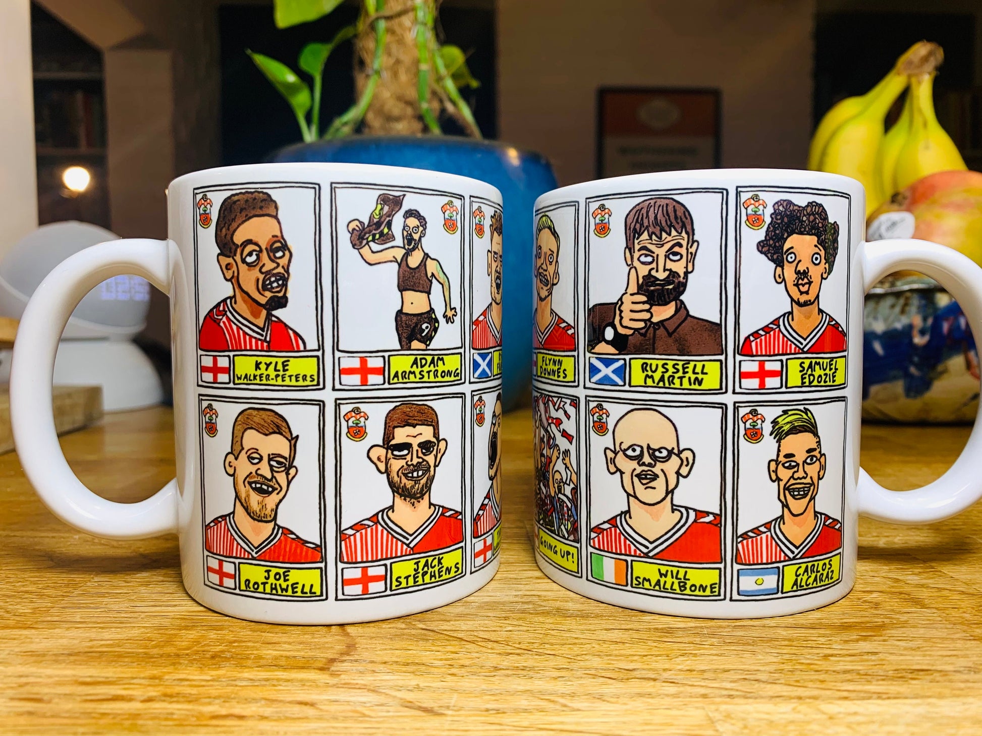 Southampton Vol 2 No Score Draws Mug Set - Set of TWO DIFFERENT 11oz Ceramic Mugs with Wonky Panini-doodles of Saints' 23/24 Playoff Winners