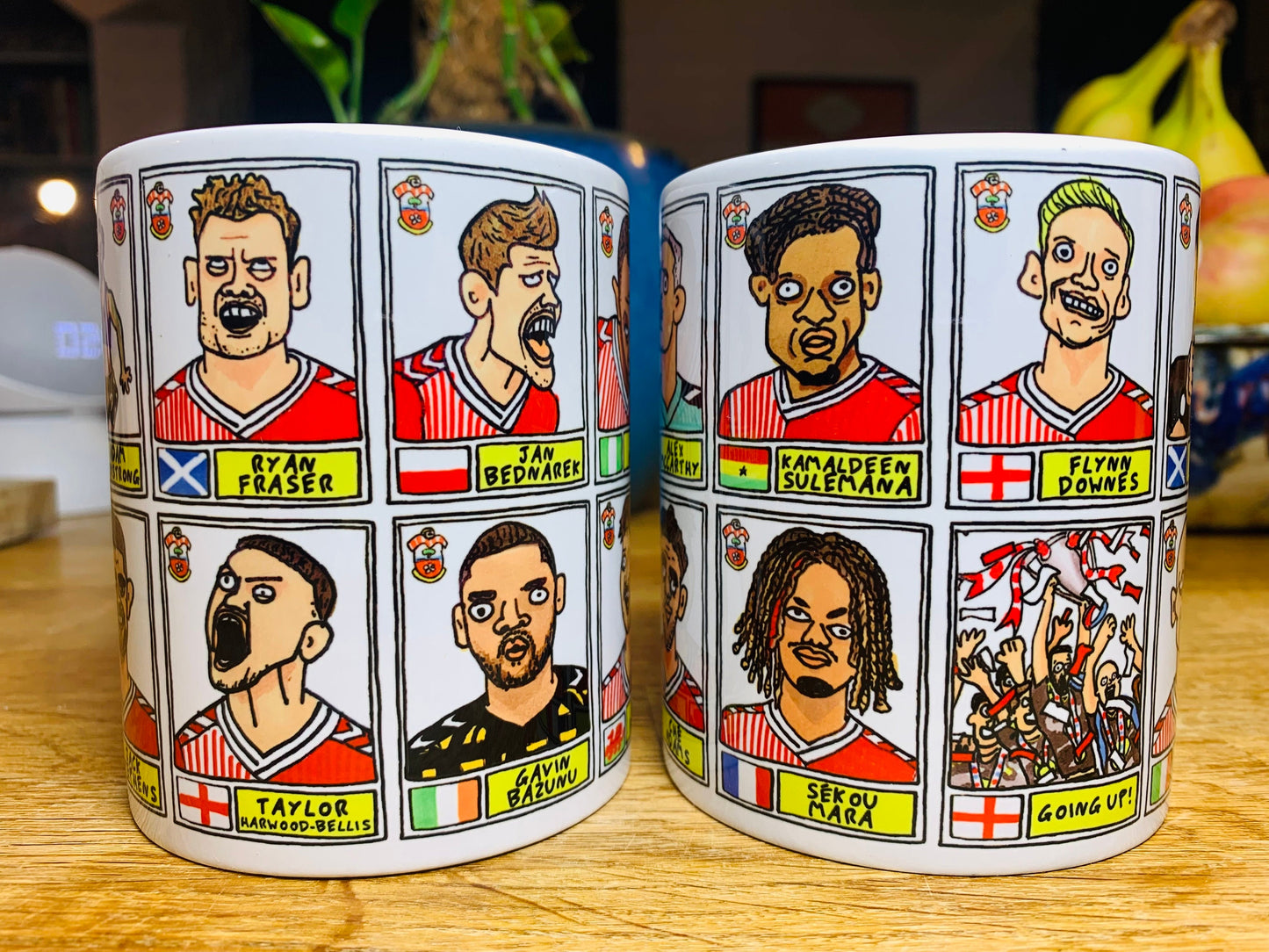 Southampton Vol 2 No Score Draws Mug Set - Set of TWO DIFFERENT 11oz Ceramic Mugs with Wonky Panini-doodles of Saints' 23/24 Playoff Winners