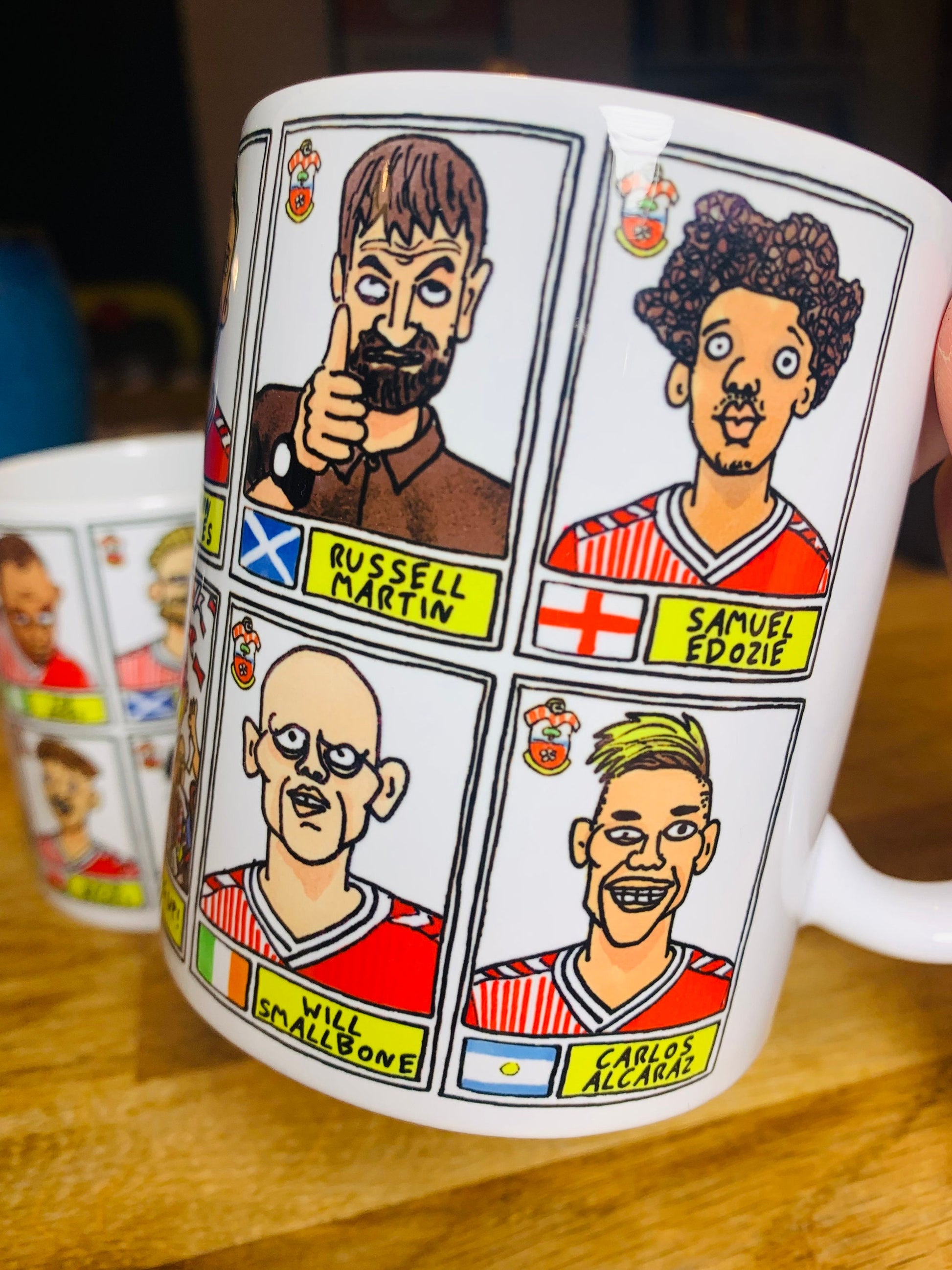 Southampton Vol 2 No Score Draws Mug Set - Set of TWO DIFFERENT 11oz Ceramic Mugs with Wonky Panini-doodles of Saints' 23/24 Playoff Winners