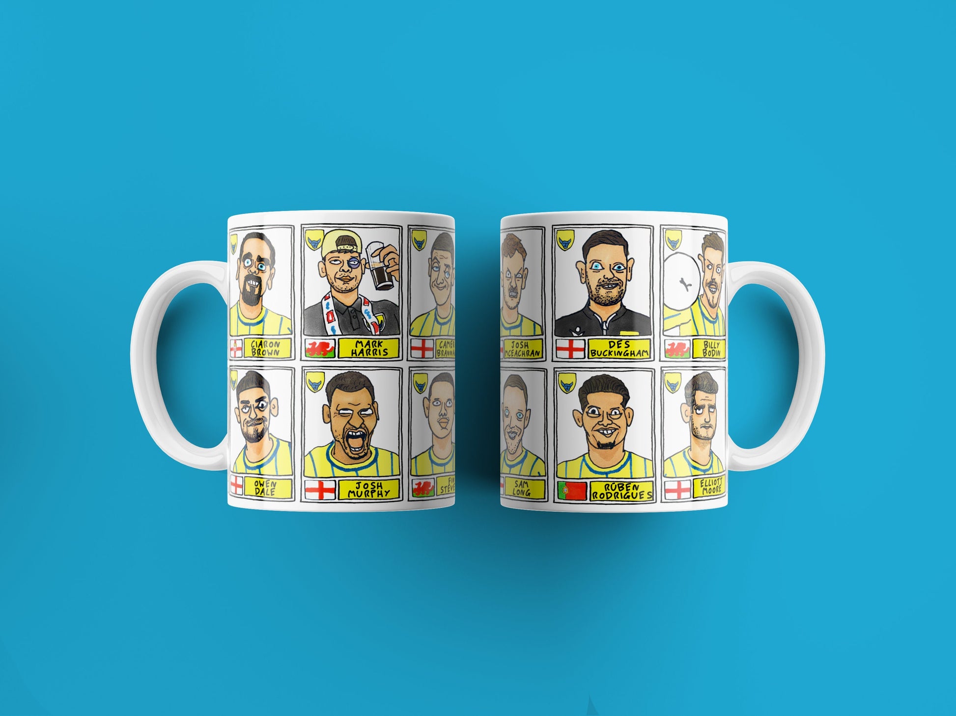 Oxford United Vol 2 No Score Draws Mug Set - Set of TWO DIFFERENT 11oz Mugs with Wonky Panini-style Doodles of OUFC's 23/24 Playoff-Winners