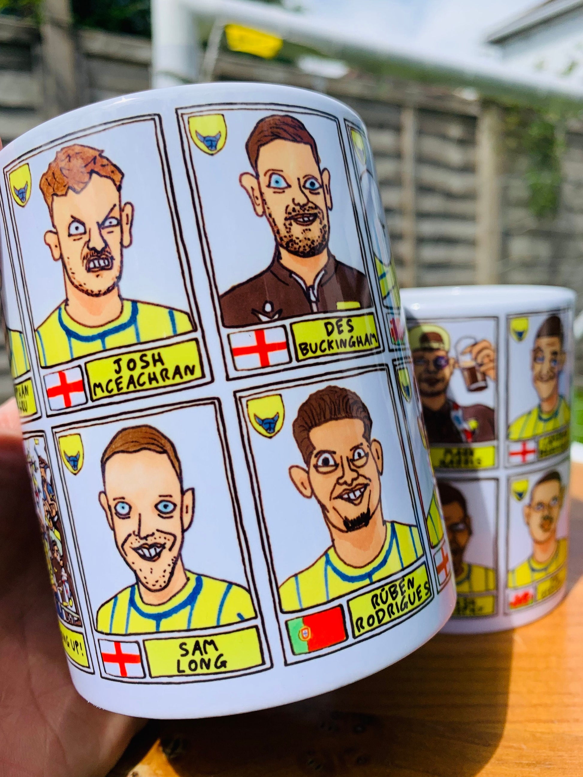 Oxford United Vol 2 No Score Draws Mug Set - Set of TWO DIFFERENT 11oz Mugs with Wonky Panini-style Doodles of OUFC's 23/24 Playoff-Winners