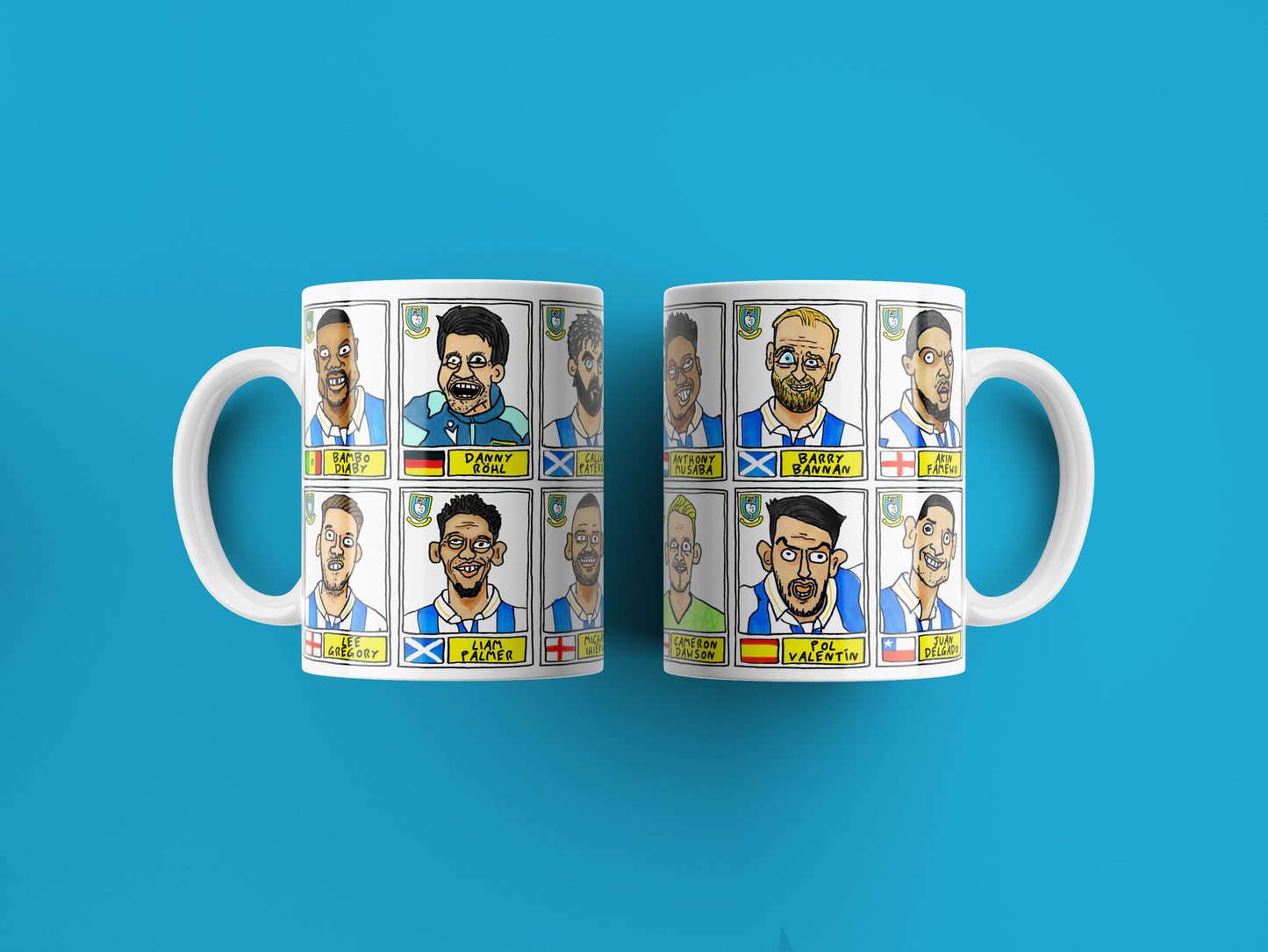 Sheffield Wednesday Vol 3 No Score Draws Mug Set - Set of TWO 11oz Ceramic Mugs with Wonky Panini-doodles of SWFC's 23/24 Great Escapists