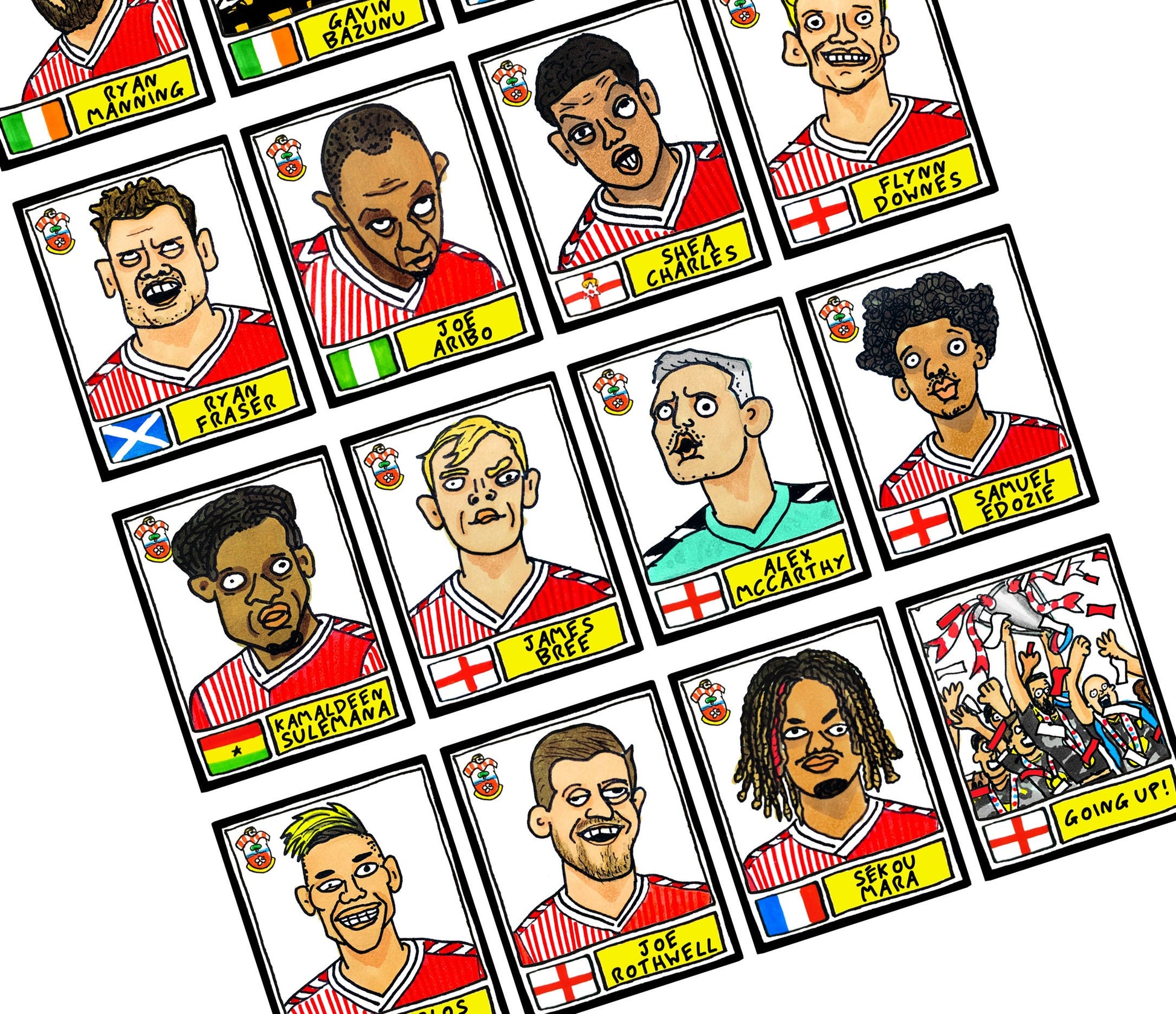 Southampton Vol 2 - No Score Draws Saints Going Up Edition - A3 print of 24 wonky hand-drawn Panini-doodles of Saint's 23/24 Playoff Winners