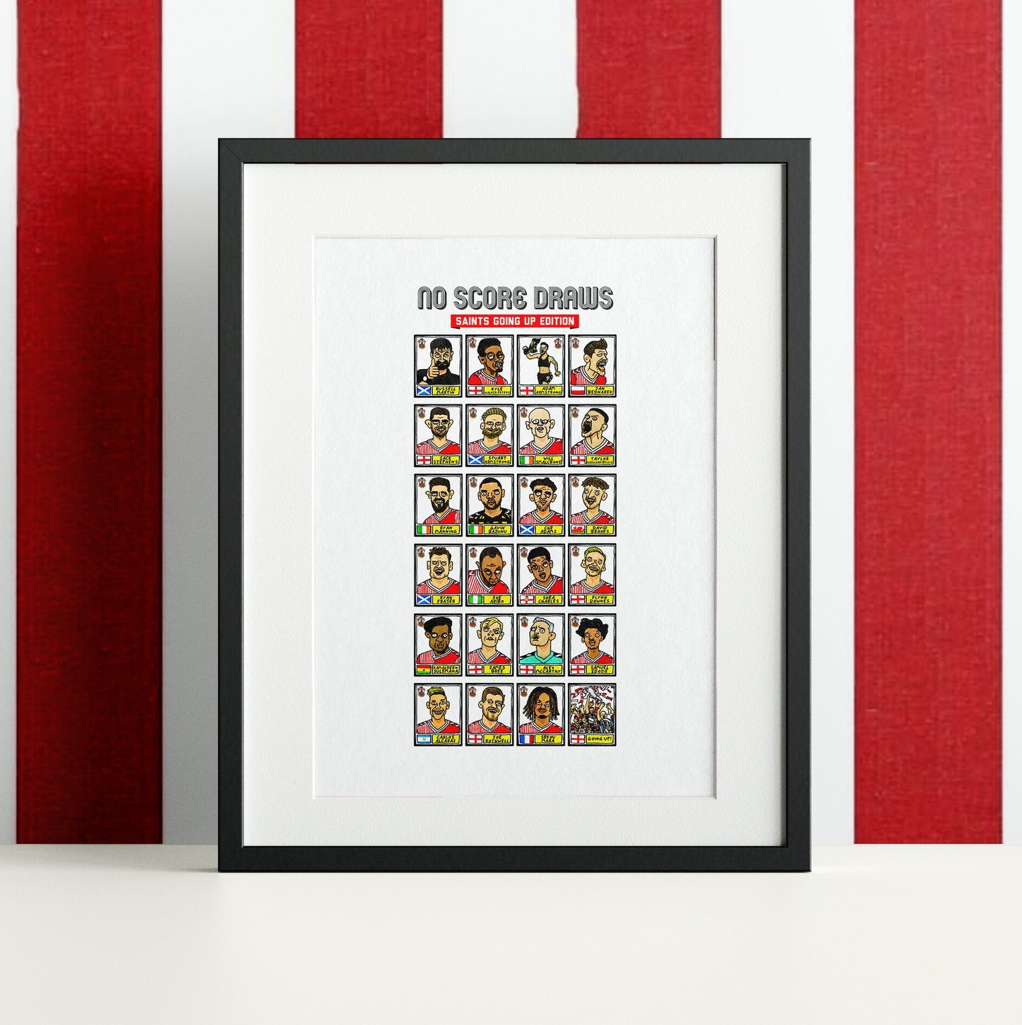 Southampton Vol 2 - No Score Draws Saints Going Up Edition - A3 print of 24 wonky hand-drawn Panini-doodles of Saint's 23/24 Playoff Winners