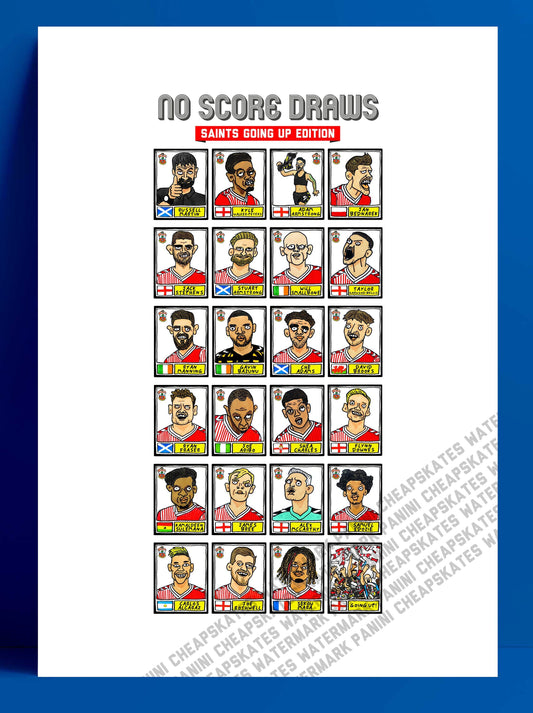 Southampton Vol 2 - No Score Draws Saints Going Up Edition - A3 print of 24 wonky hand-drawn Panini-doodles of Saint's 23/24 Playoff Winners