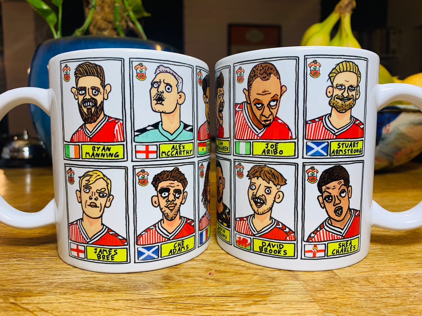 Southampton Vol 2 No Score Draws Mug Set - Set of TWO DIFFERENT 11oz Ceramic Mugs with Wonky Panini-doodles of Saints' 23/24 Playoff Winners