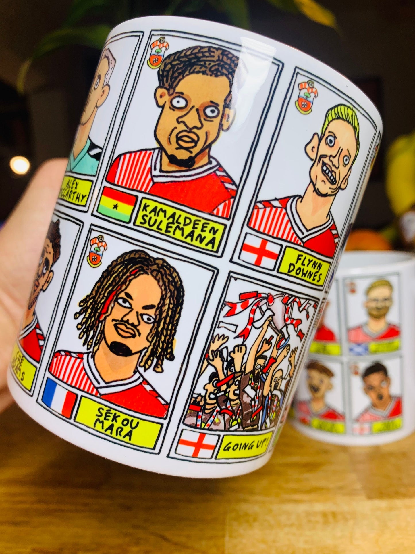 Southampton Vol 2 No Score Draws Mug Set - Set of TWO DIFFERENT 11oz Ceramic Mugs with Wonky Panini-doodles of Saints' 23/24 Playoff Winners