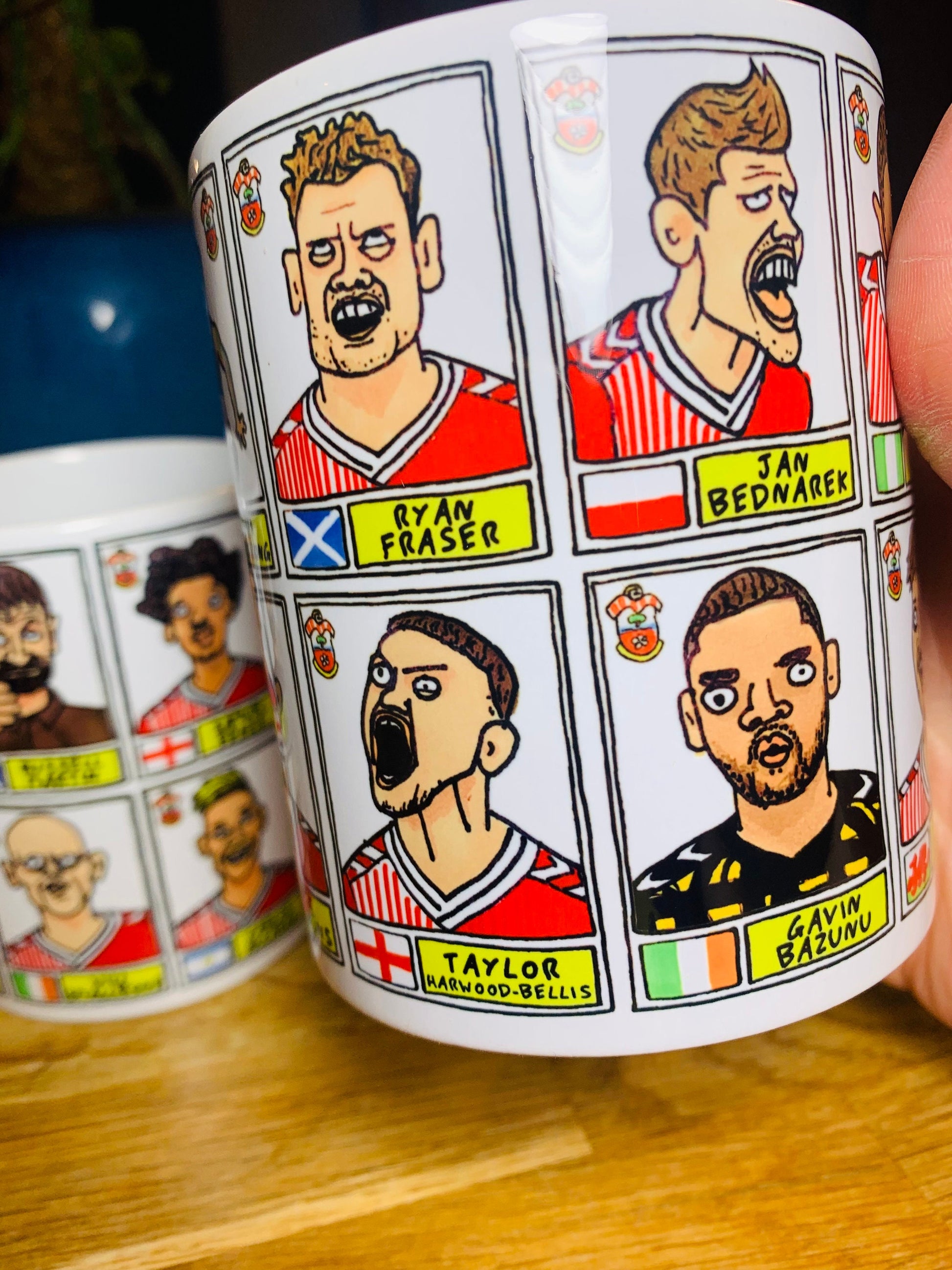 Southampton Vol 2 No Score Draws Mug Set - Set of TWO DIFFERENT 11oz Ceramic Mugs with Wonky Panini-doodles of Saints' 23/24 Playoff Winners