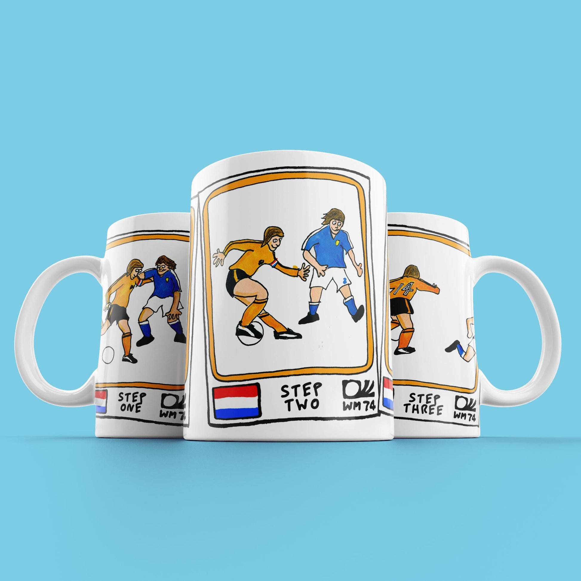 Cruyff Turn Mug - No Score Draws Wonky World Cup Moments #1 - 11oz Ceramic Mug With 3 Wonky Panini-Style Doodles Of Cruyff's Iconic Turn