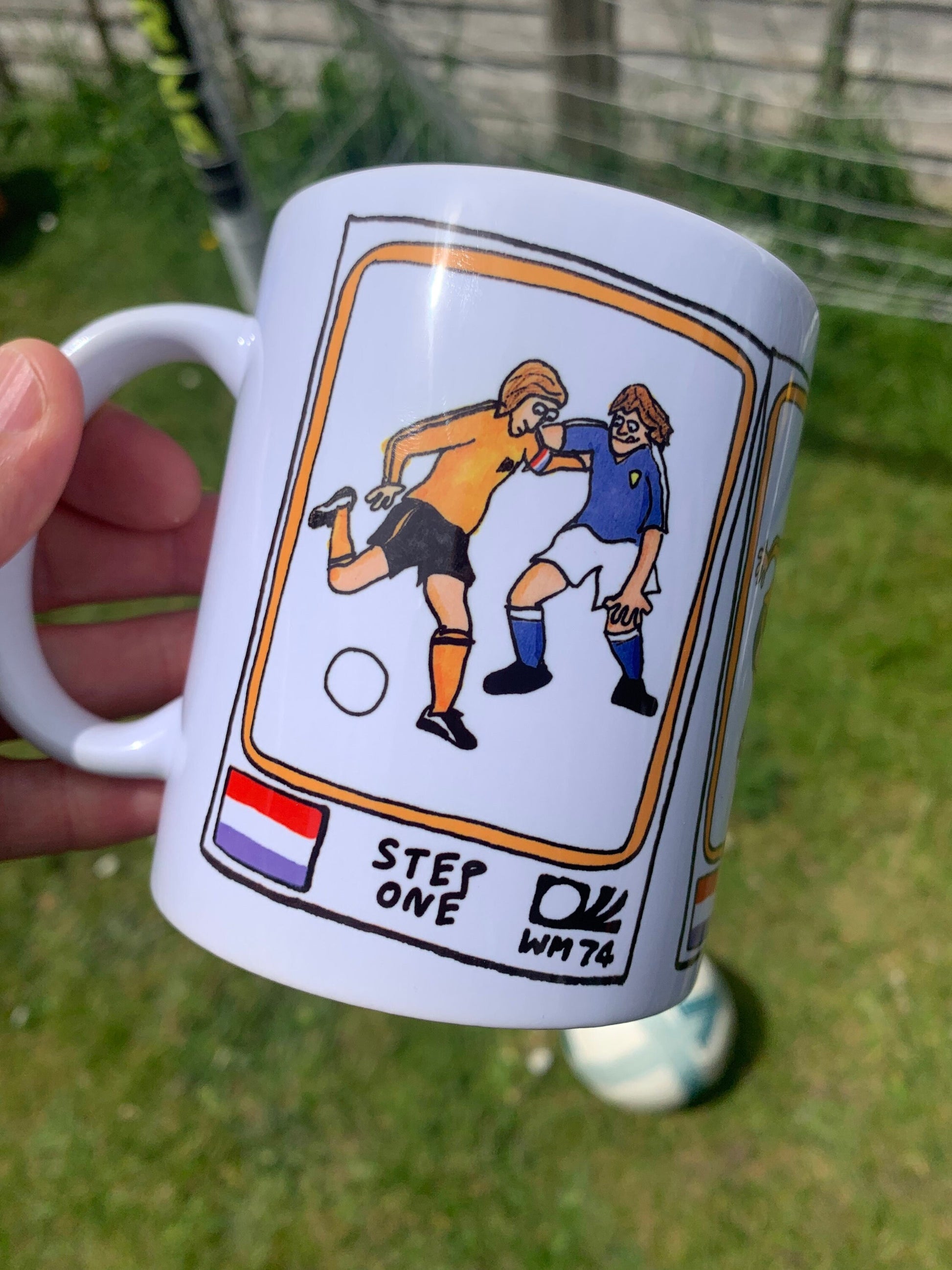 Cruyff Turn Mug - No Score Draws Wonky World Cup Moments #1 - 11oz Ceramic Mug With 3 Wonky Panini-Style Doodles Of Cruyff's Iconic Turn