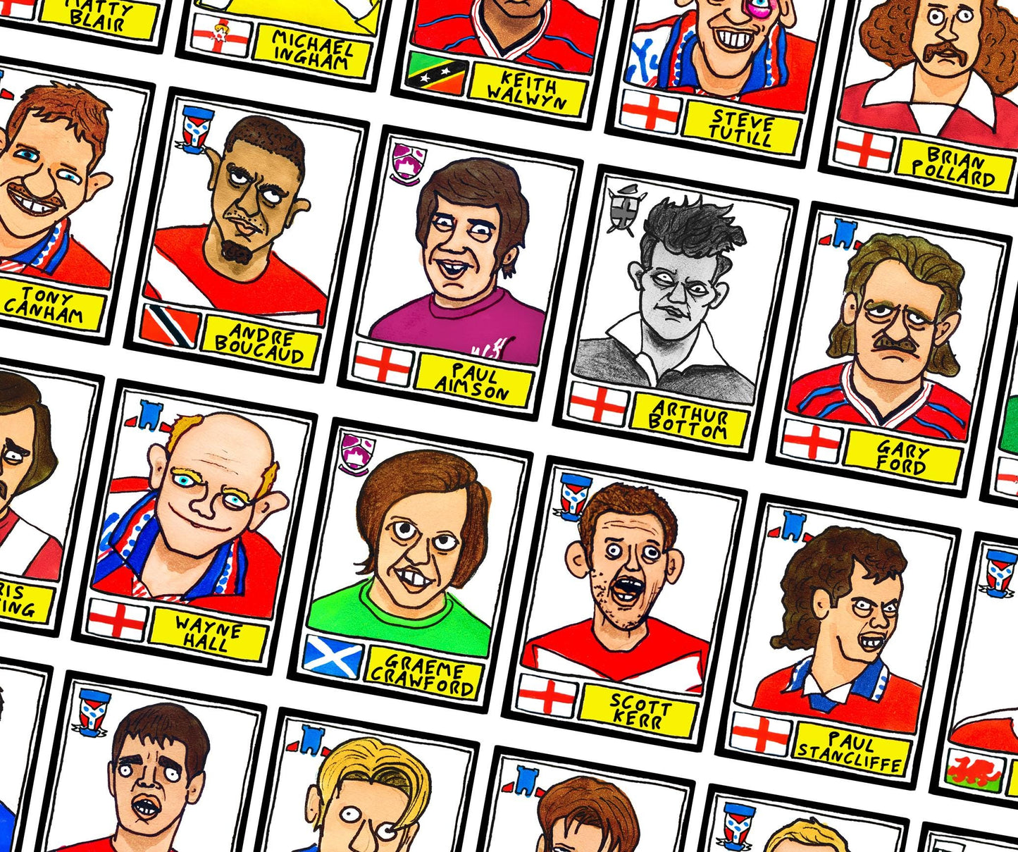 York City - No Score Draws Minstermen Edition - A3 print of 36 hand-drawn Panini-style Doodles of YCFC Icons - Wonky football art