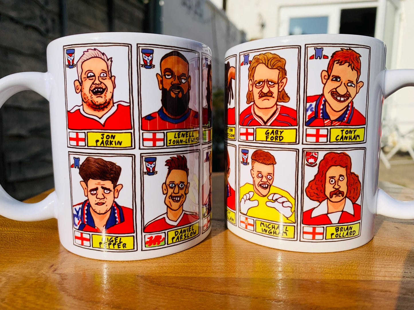 York City No Score Draws Mug Set - Set of TWO DIFFERENT 11oz Ceramic Mugs with Wonky Panini-style No Score Draws Doodles Of 24 YCFC Legends