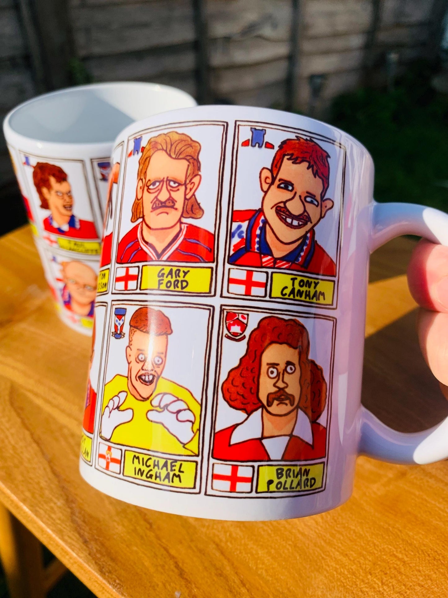 York City No Score Draws Mug Set - Set of TWO DIFFERENT 11oz Ceramic Mugs with Wonky Panini-style No Score Draws Doodles Of 24 YCFC Legends