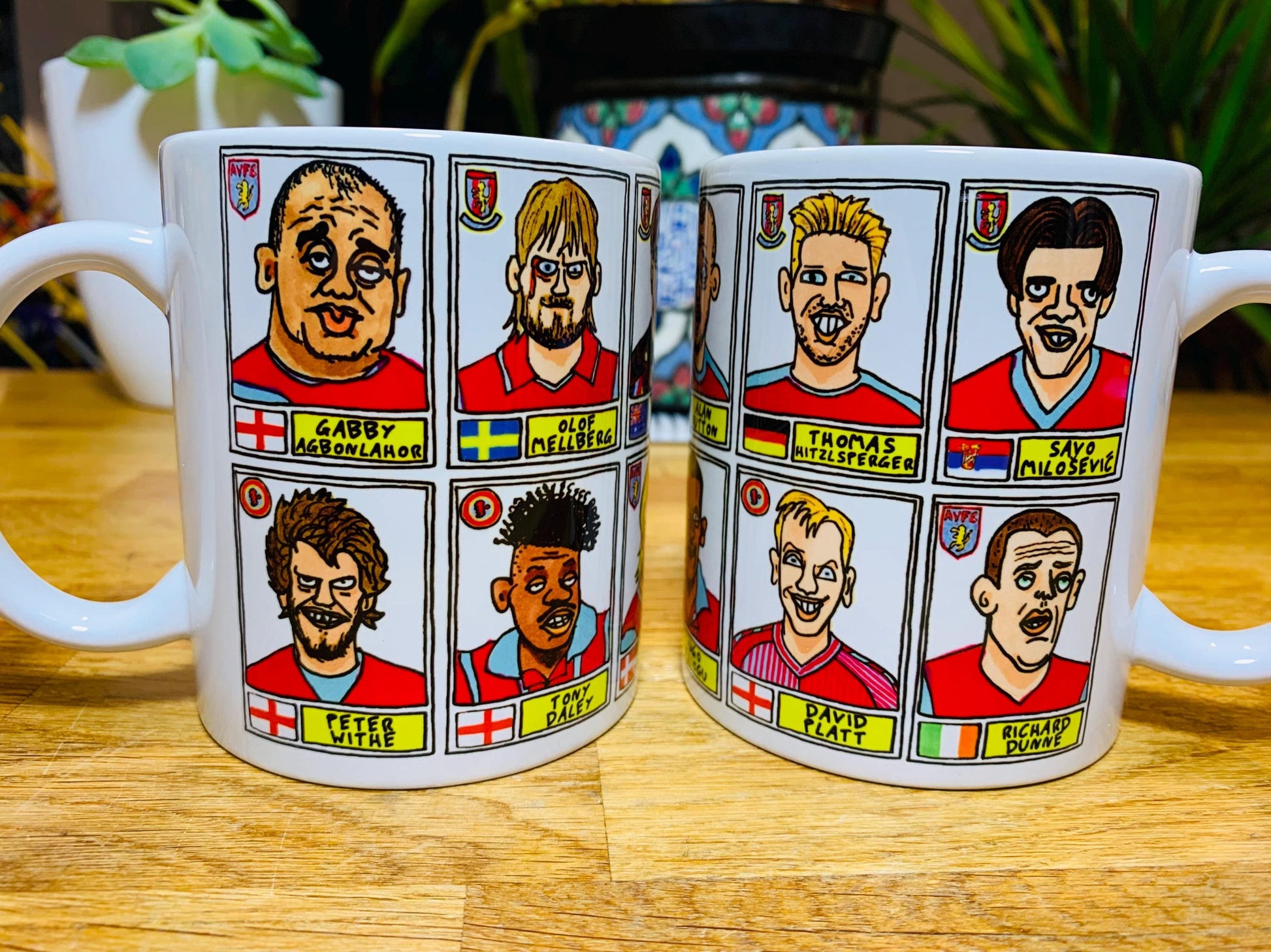 Aston Villa No Score Draws Mug Set - Set of TWO 11oz Ceramic Mugs with Wonky Panini sticker-style AVFC Villains No Score Draws Doodles