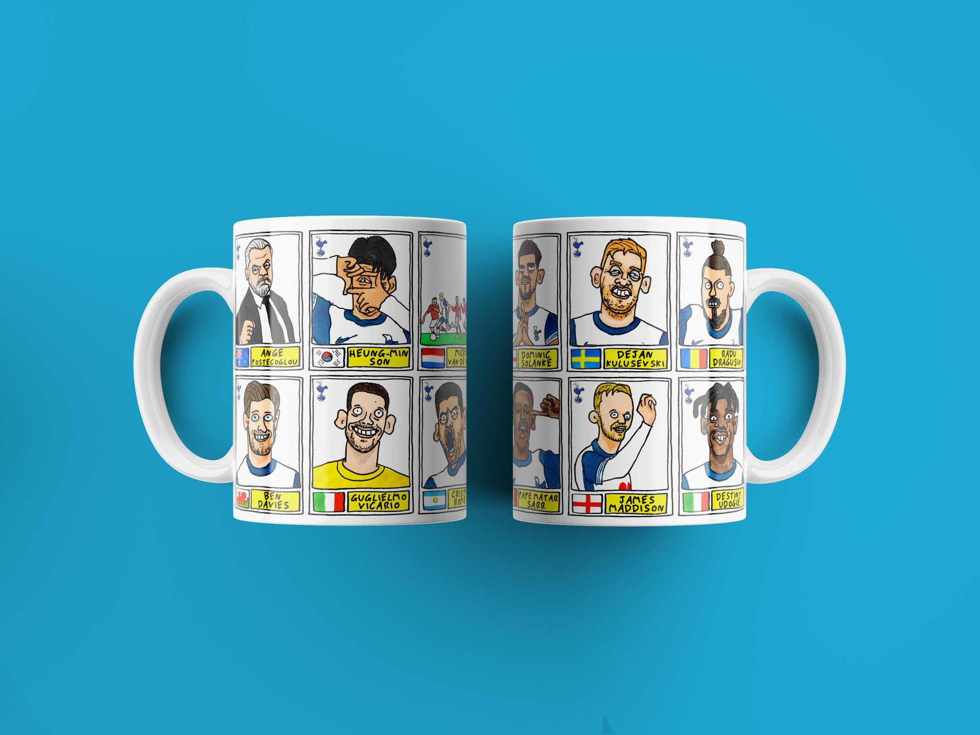 Spurs Volume 3 No Score Draws Mug Set - Set of TWO 11oz Ceramic Mugs with Wonky Panini sticker-style THFC Angeball No Score Draws Doodles