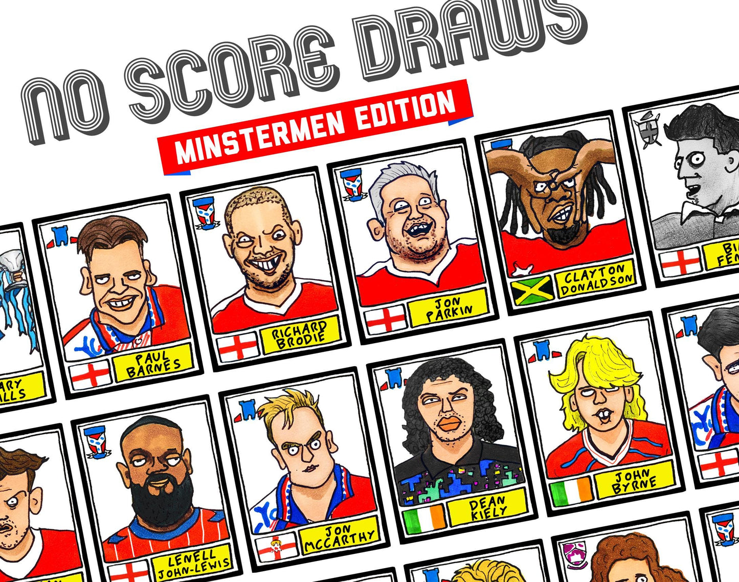 York City - No Score Draws Minstermen Edition - A3 print of 36 hand-drawn Panini-style Doodles of YCFC Icons - Wonky football art