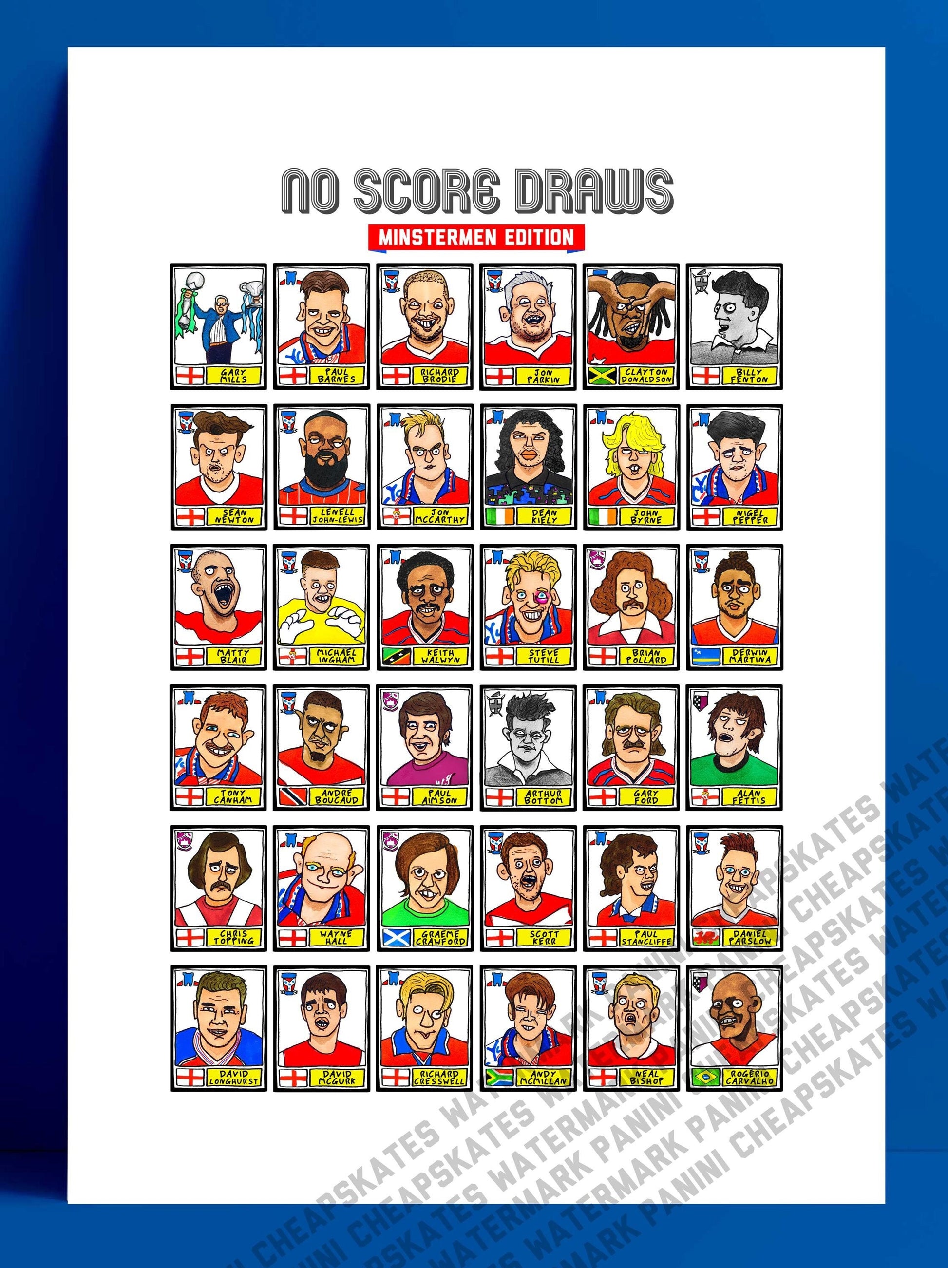 York City - No Score Draws Minstermen Edition - A3 print of 36 hand-drawn Panini-style Doodles of YCFC Icons - Wonky football art