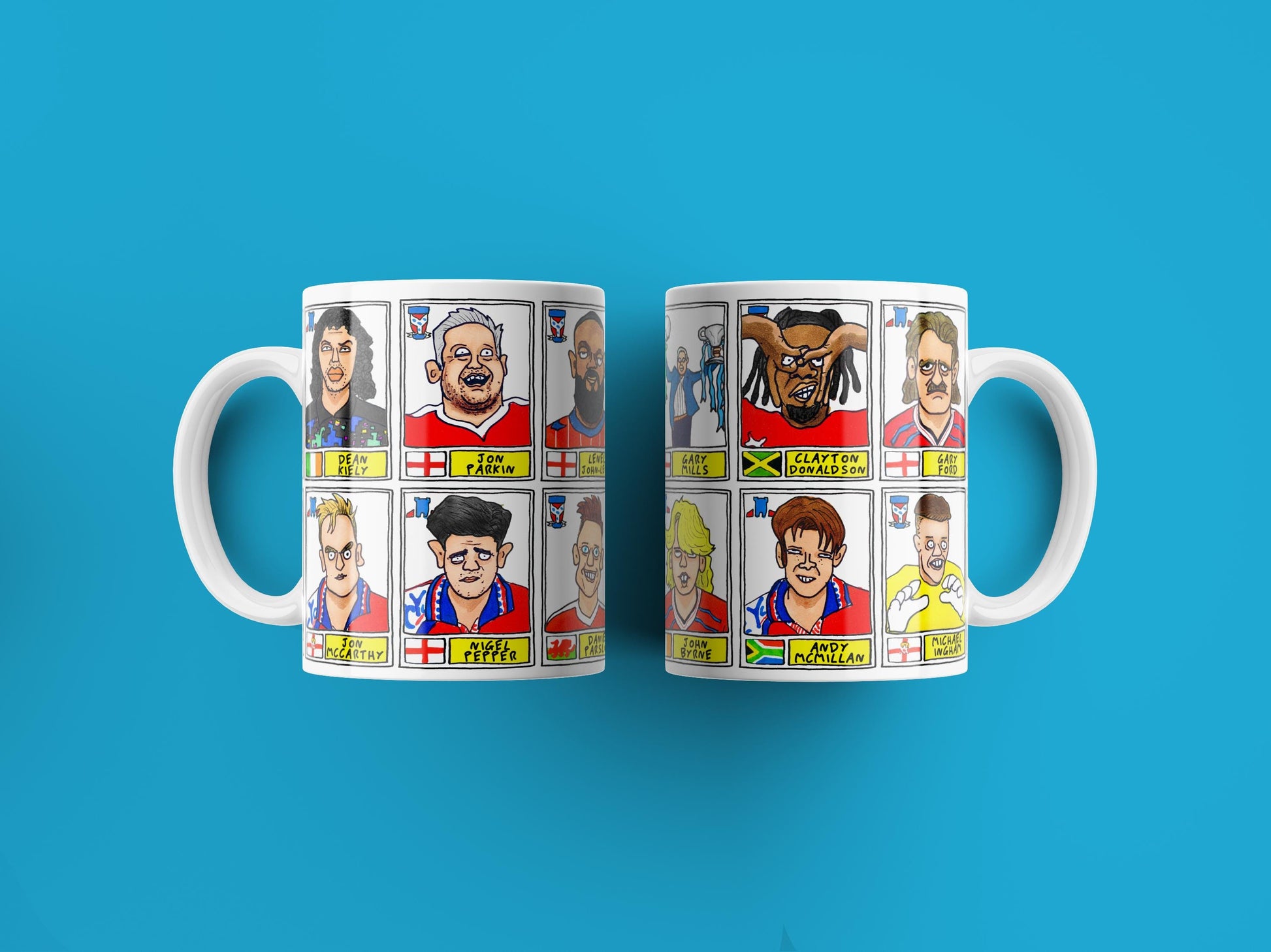 York City No Score Draws Mug Set - Set of TWO DIFFERENT 11oz Ceramic Mugs with Wonky Panini-style No Score Draws Doodles Of 24 YCFC Legends