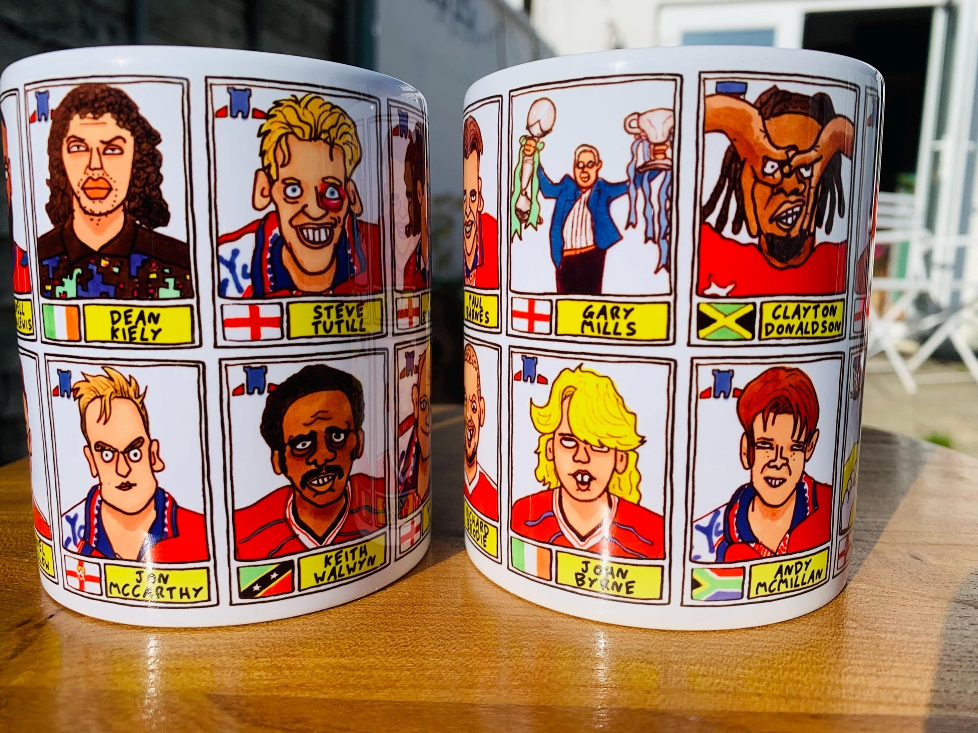 York City No Score Draws Mug Set - Set of TWO DIFFERENT 11oz Ceramic Mugs with Wonky Panini-style No Score Draws Doodles Of 24 YCFC Legends