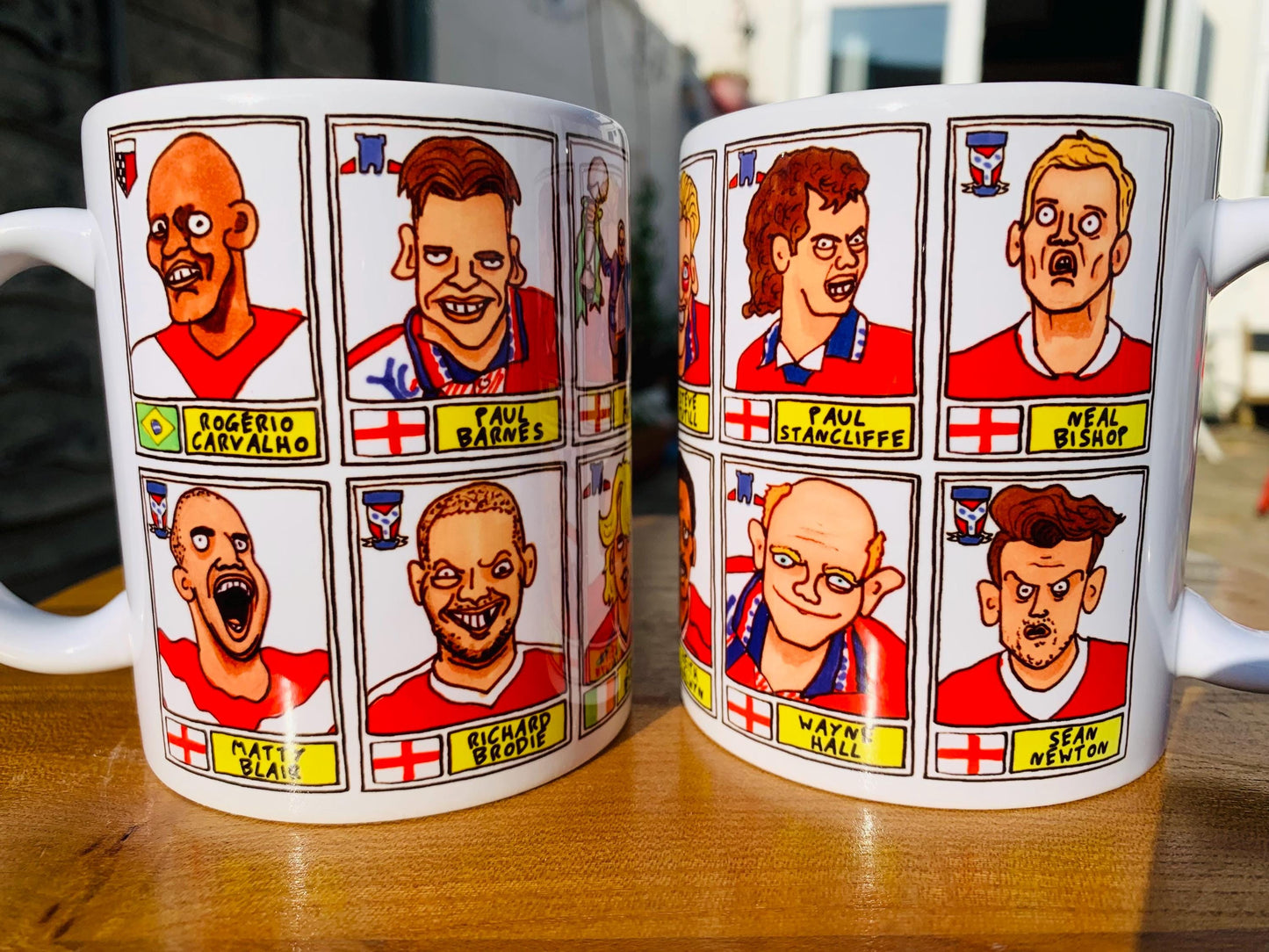 York City No Score Draws Mug Set - Set of TWO DIFFERENT 11oz Ceramic Mugs with Wonky Panini-style No Score Draws Doodles Of 24 YCFC Legends