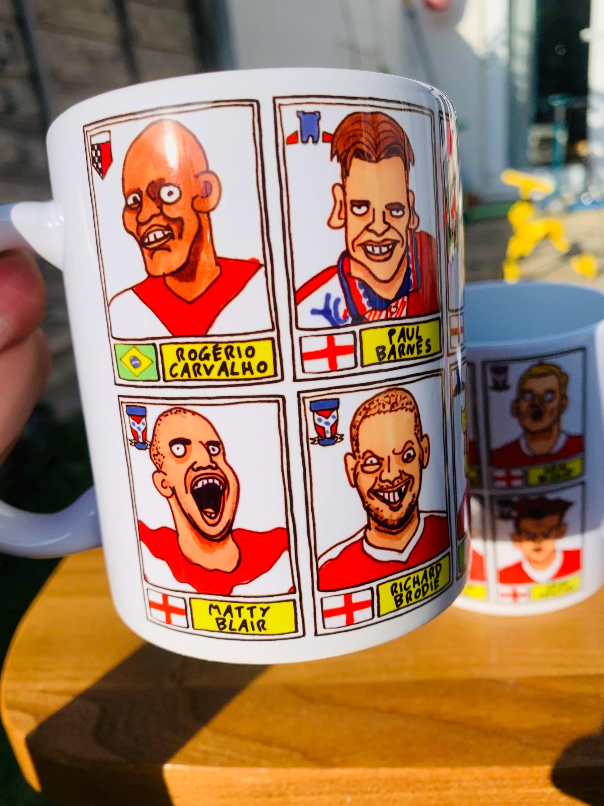 York City No Score Draws Mug Set - Set of TWO DIFFERENT 11oz Ceramic Mugs with Wonky Panini-style No Score Draws Doodles Of 24 YCFC Legends