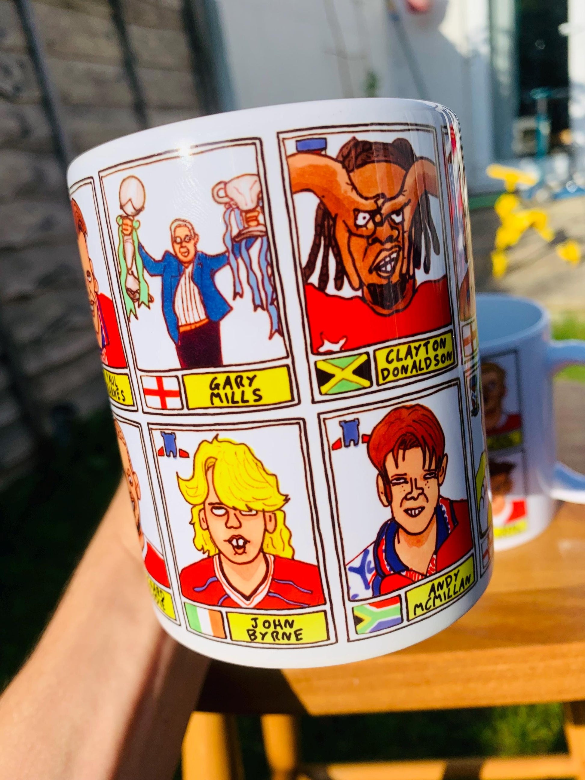 York City No Score Draws Mug Set - Set of TWO DIFFERENT 11oz Ceramic Mugs with Wonky Panini-style No Score Draws Doodles Of 24 YCFC Legends