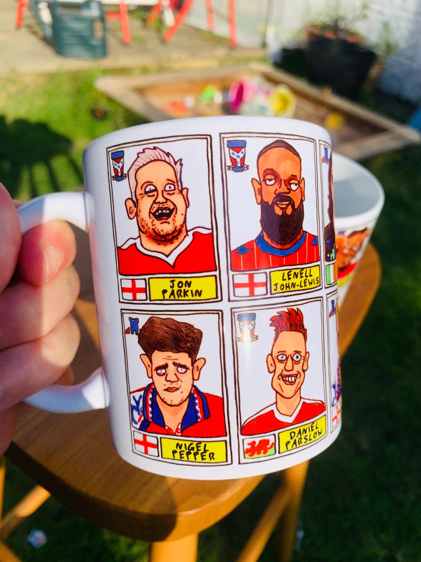 York City No Score Draws Mug Set - Set of TWO DIFFERENT 11oz Ceramic Mugs with Wonky Panini-style No Score Draws Doodles Of 24 YCFC Legends