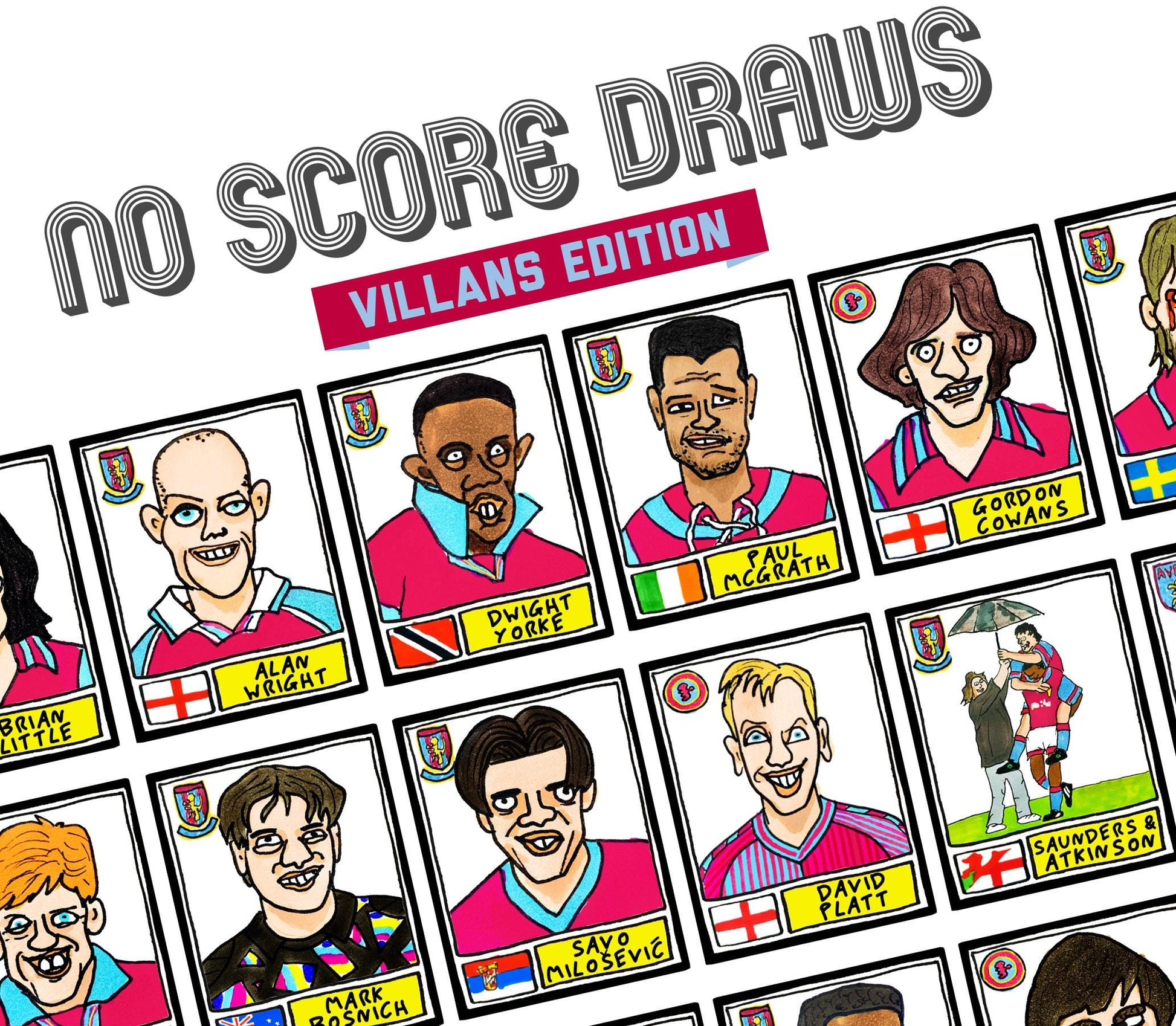 Aston Villa - No Score Draws Villans Edition - A3 print of 36 hand-drawn Panini-style football sticker legends - Cheapskate football art