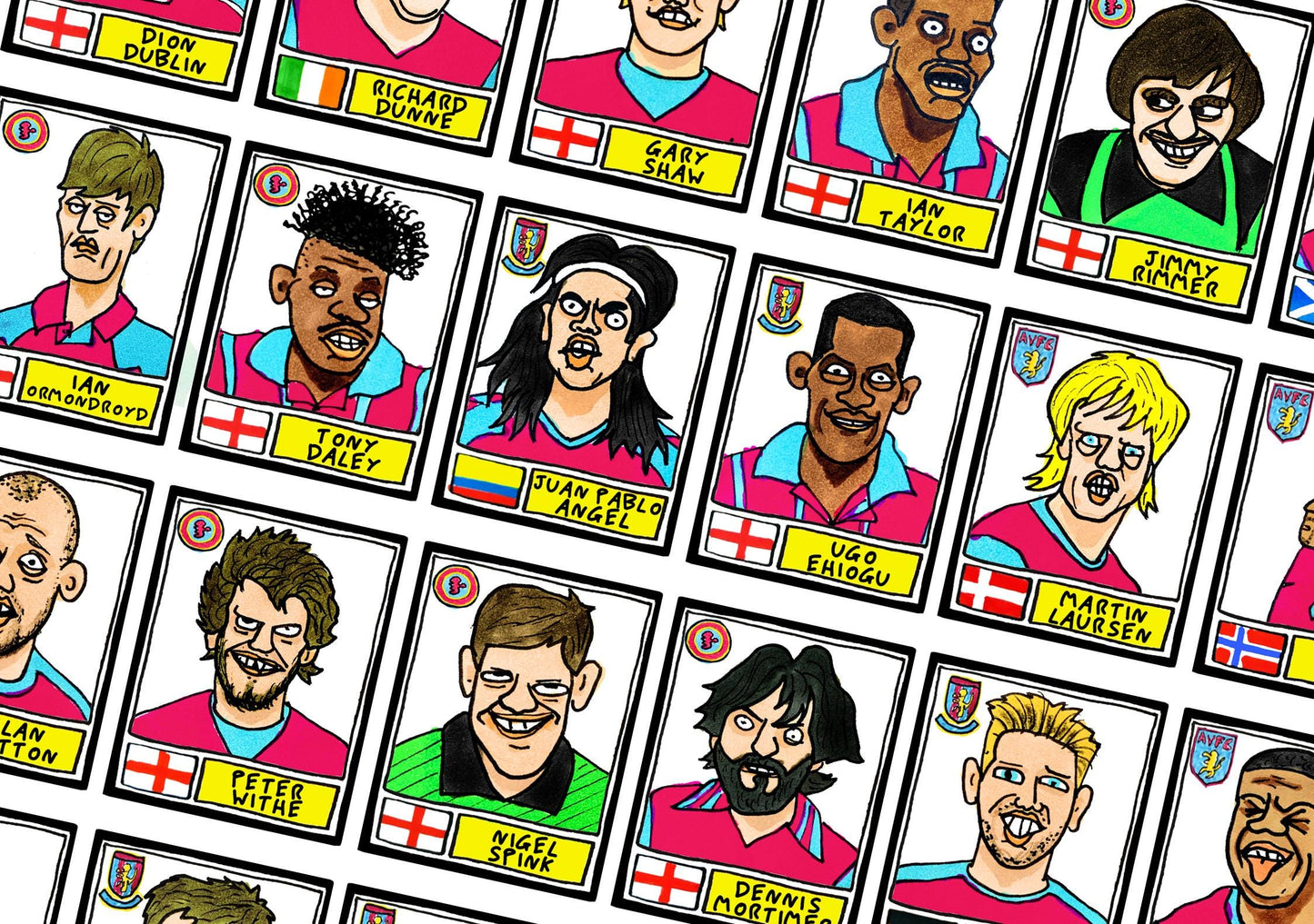 Aston Villa - No Score Draws Villans Edition - A3 print of 36 hand-drawn Panini-style football sticker legends - Cheapskate football art