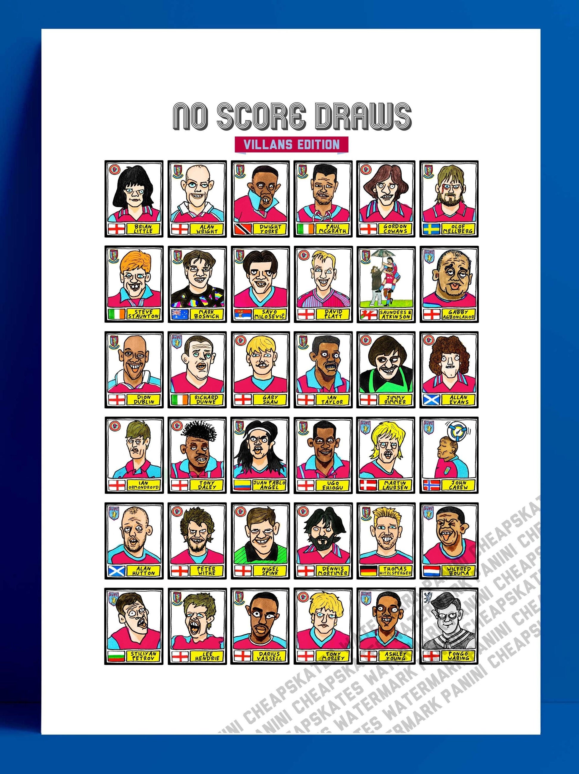 Aston Villa - No Score Draws Villans Edition - A3 print of 36 hand-drawn Panini-style football sticker legends - Cheapskate football art