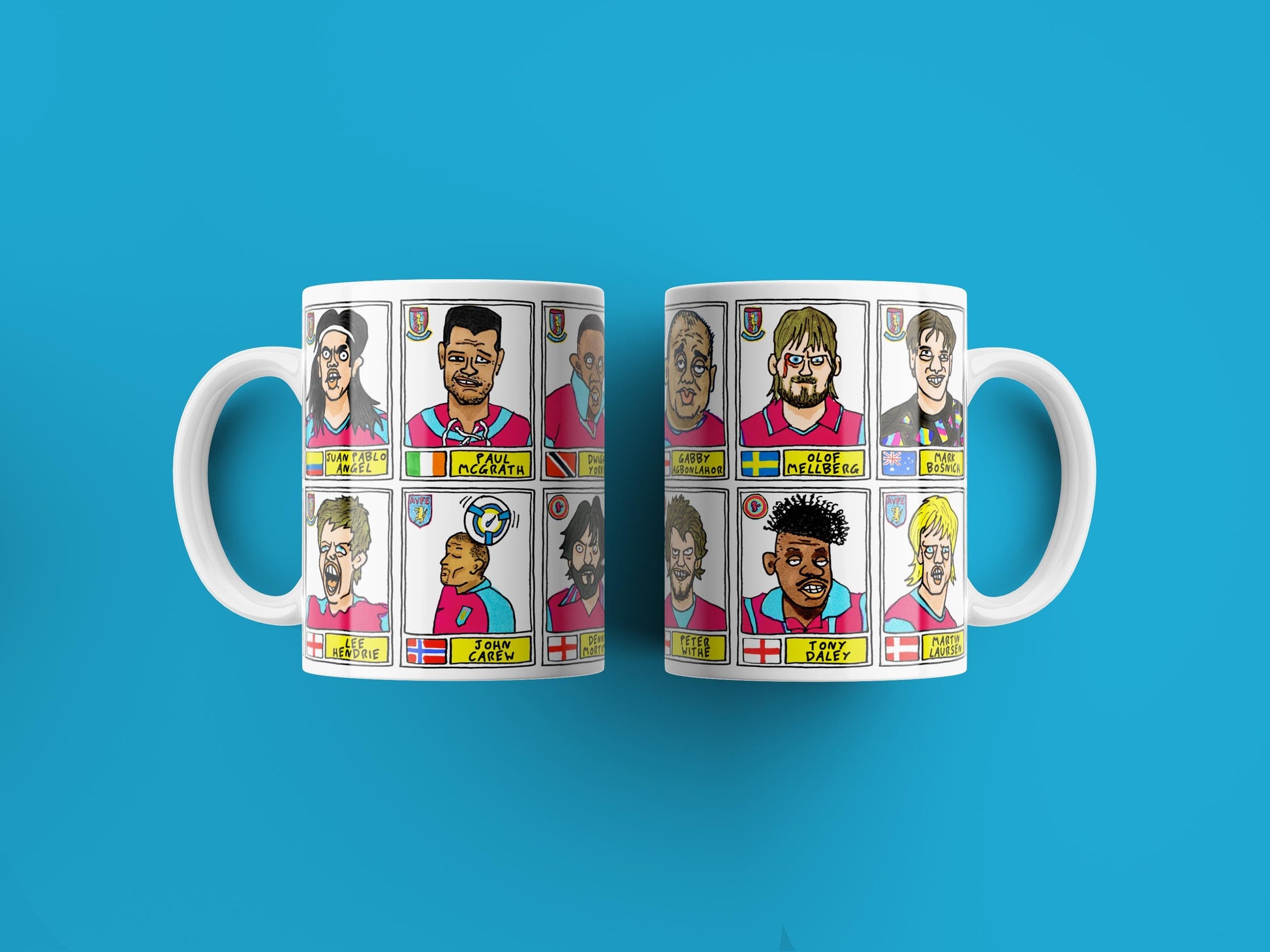 Aston Villa No Score Draws Mug Set - Set of TWO 11oz Ceramic Mugs with Wonky Panini sticker-style AVFC Villains No Score Draws Doodles