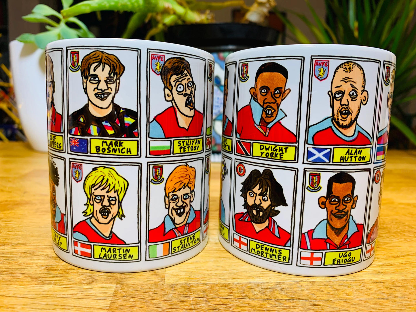 Aston Villa No Score Draws Mug Set - Set of TWO 11oz Ceramic Mugs with Wonky Panini sticker-style AVFC Villains No Score Draws Doodles