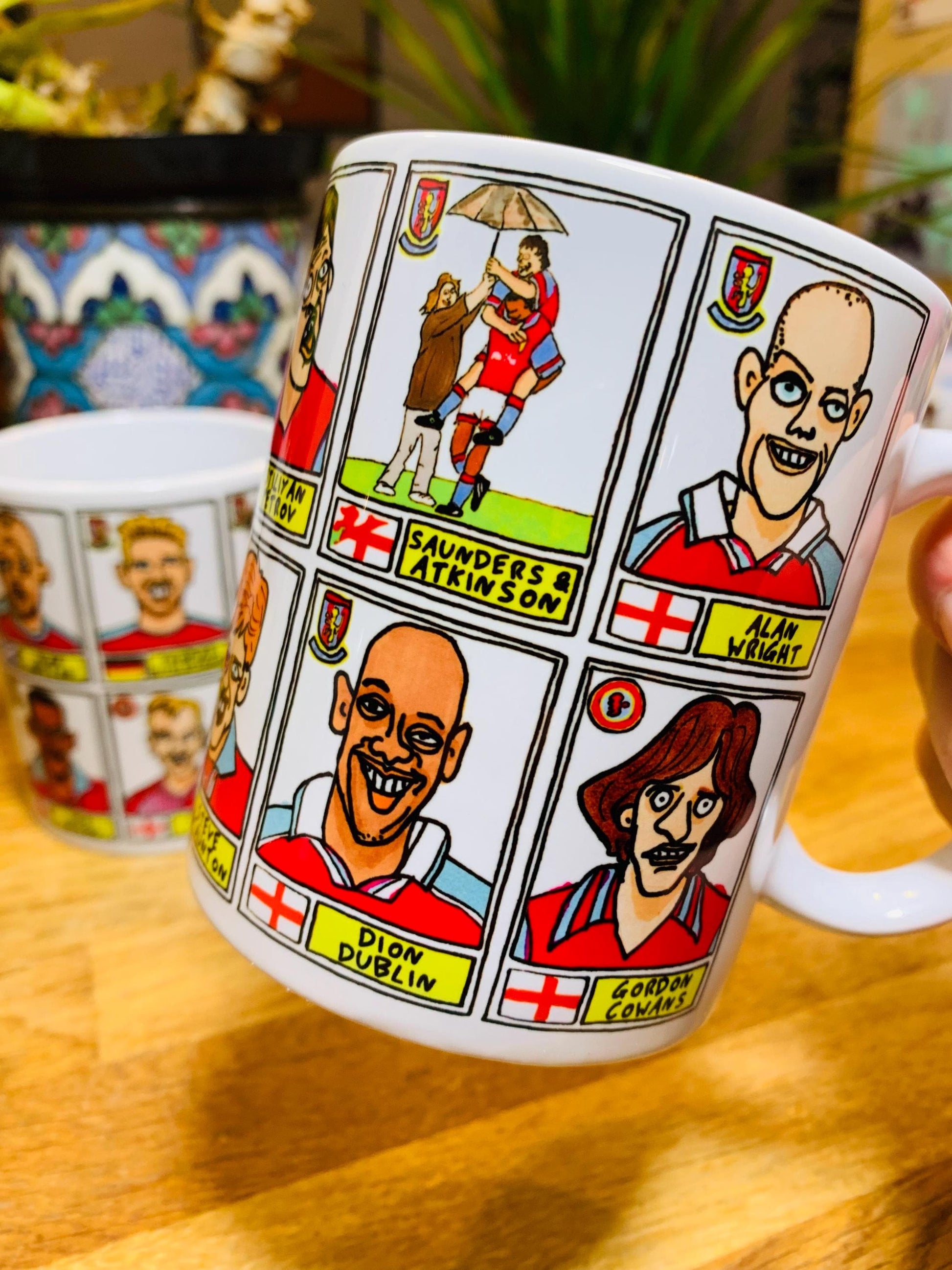 Aston Villa No Score Draws Mug Set - Set of TWO 11oz Ceramic Mugs with Wonky Panini sticker-style AVFC Villains No Score Draws Doodles