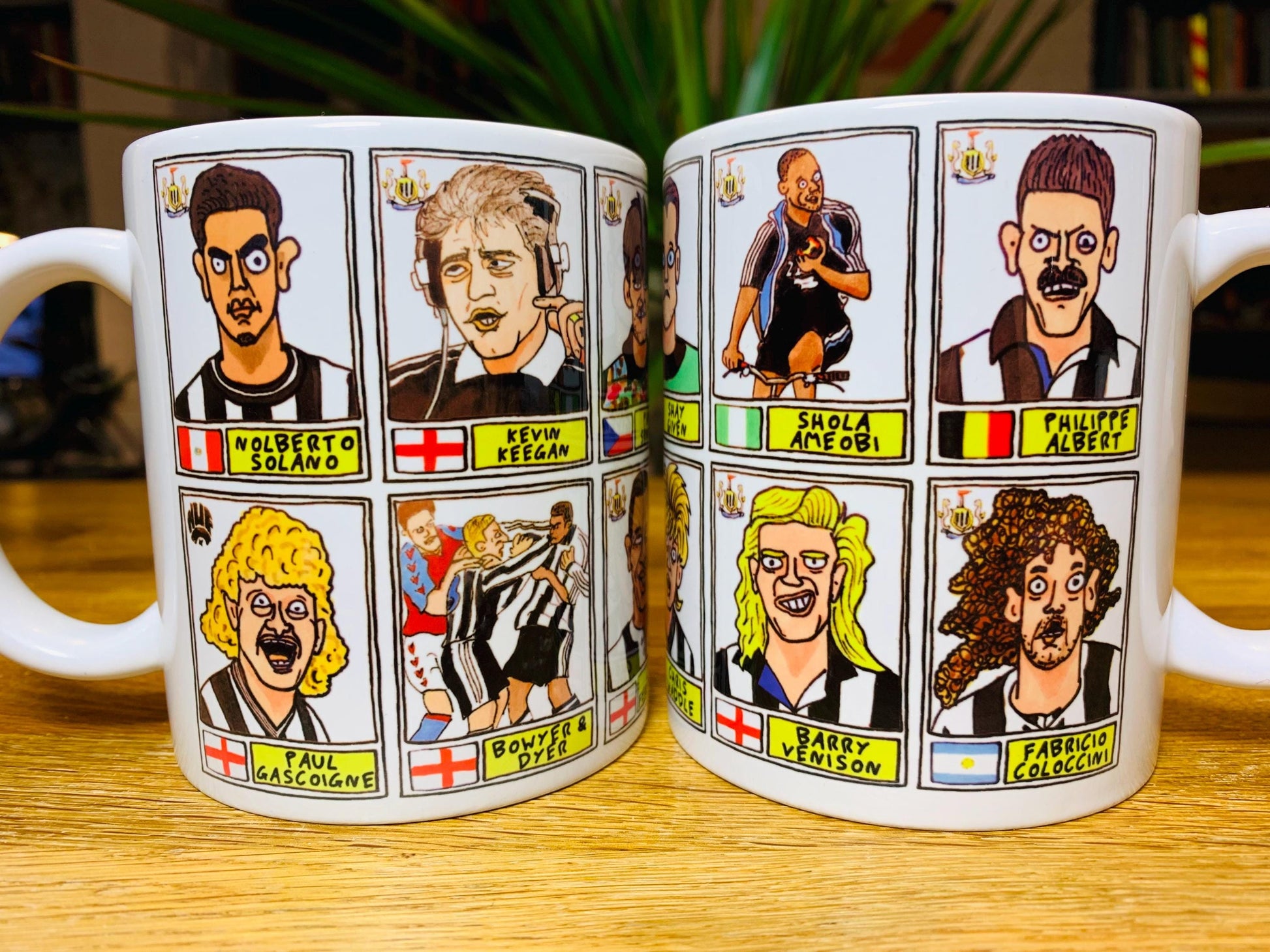 Newcastle United No Score Draws Mug Set - Set of TWO 11oz Ceramic Mugs with Wonky Panini sticker-style No Score Draws Doodles of NUFC icons