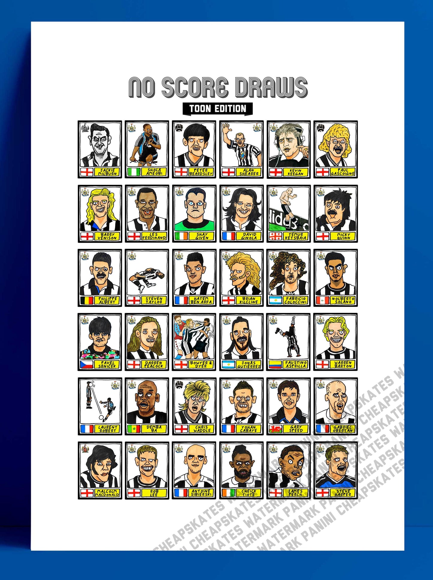 Newcastle United - No Score Draws Toon Edition - A3 print of 36 hand-drawn Panini-style football sticker legends - Cheapskate football art