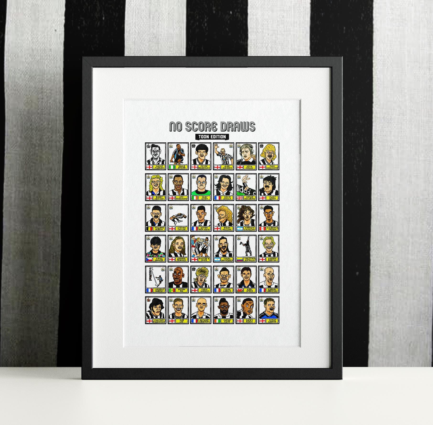 Newcastle United - No Score Draws Toon Edition - A3 print of 36 hand-drawn Panini-style football sticker legends - Cheapskate football art