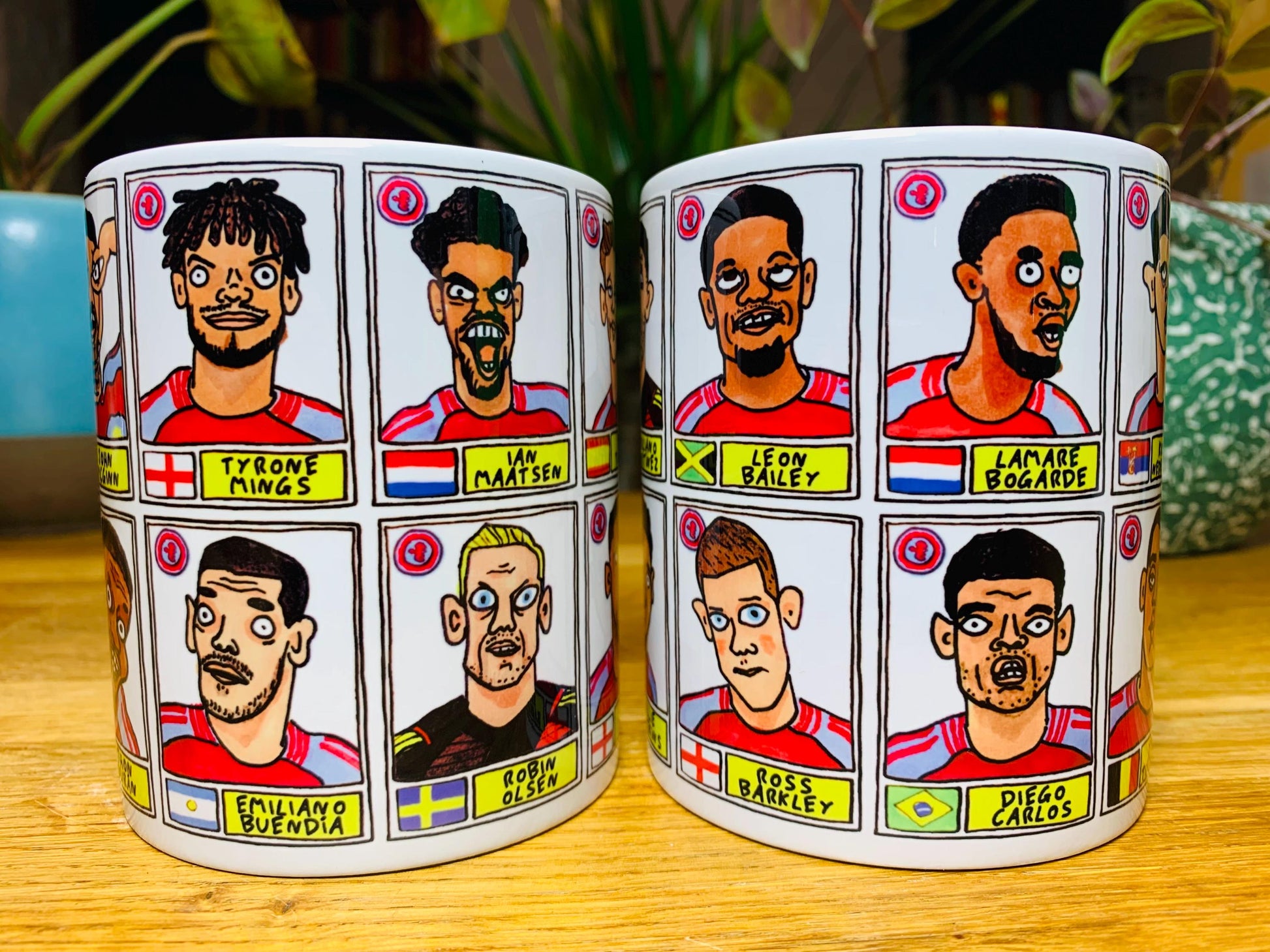 Aston Villa Volume 2 No Score Draws Mug Set - Set of TWO DIFFERENT 11oz Ceramic Mugs with Wonky Panini sticker-style AVFC Villains Football Doodles