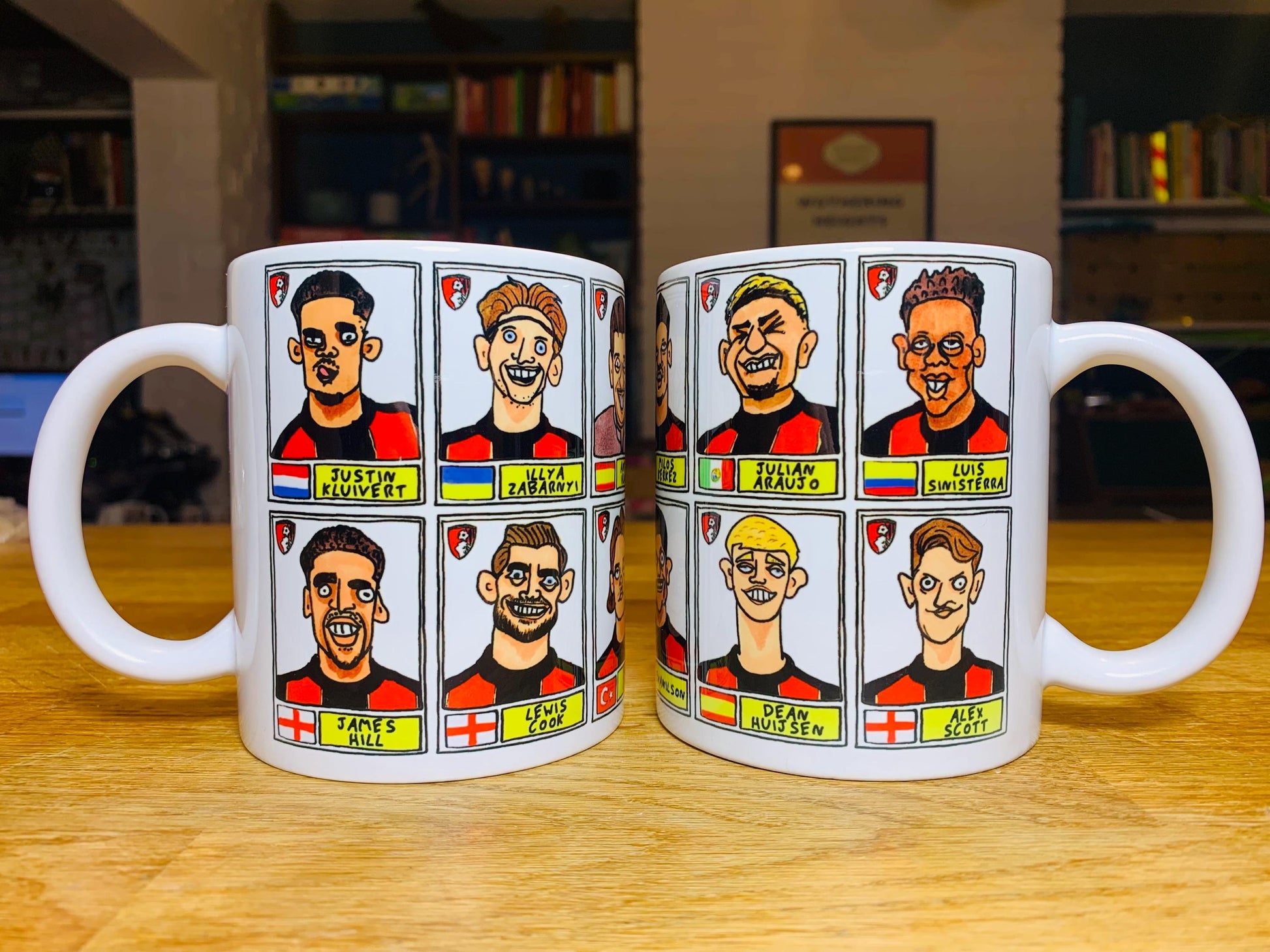 Bournemouth Volume 2 - Cherries 24-25 No Score Draws Mug Set - Set of TWO DIFFERENT 11oz Ceramic Mugs with Wonky Panini-style AFCB Doodles