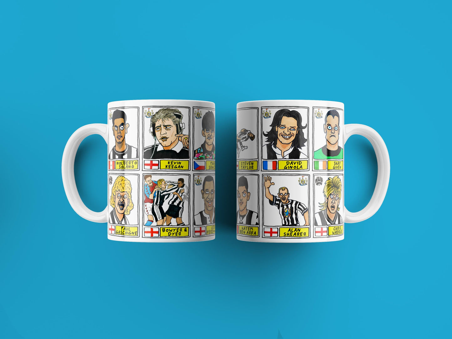 Newcastle United No Score Draws Mug Set - Set of TWO 11oz Ceramic Mugs with Wonky Panini sticker-style No Score Draws Doodles of NUFC icons