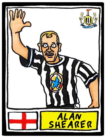 Newcastle United - No Score Draws Toon Edition - A3 print of 36 hand-drawn Panini-style football sticker legends - Cheapskate football art