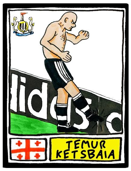 Newcastle United - No Score Draws Toon Edition - A3 print of 36 hand-drawn Panini-style football sticker legends - Cheapskate football art