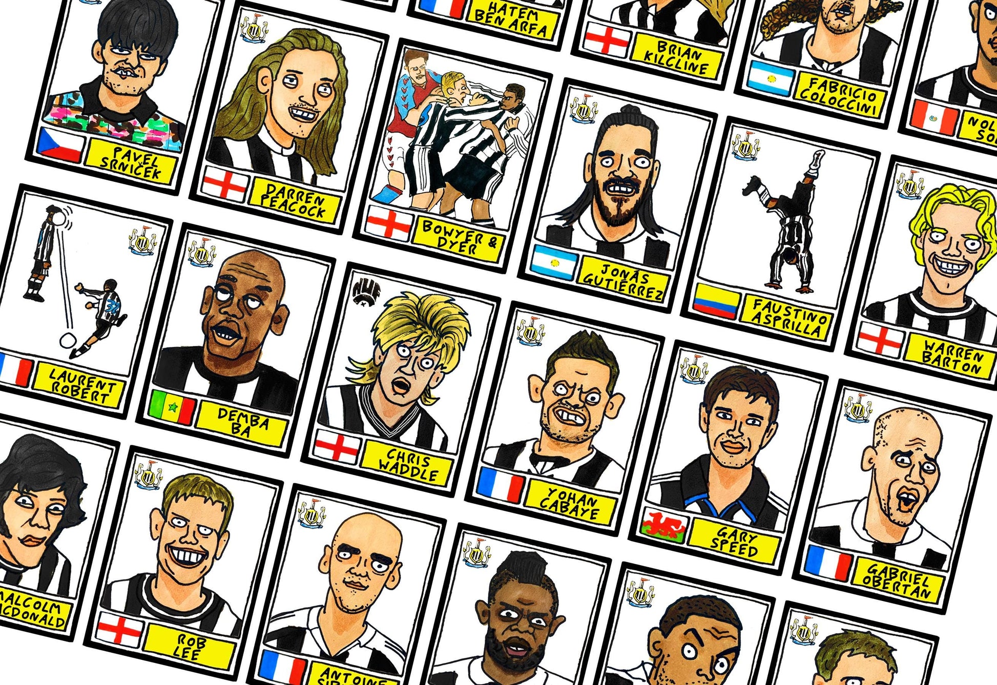 Newcastle United - No Score Draws Toon Edition - A3 print of 36 hand-drawn Panini-style football sticker legends - Cheapskate football art