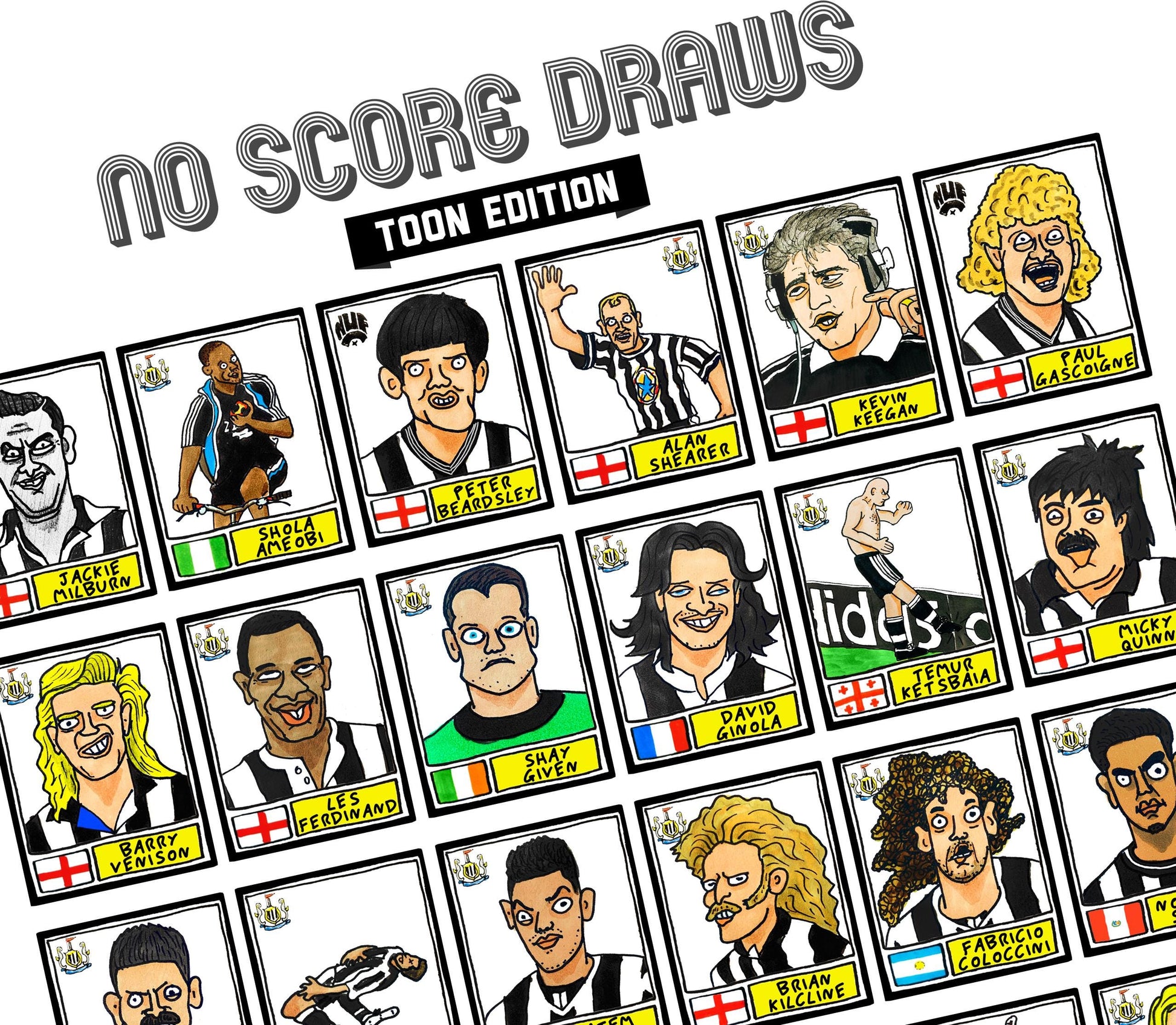 Newcastle United - No Score Draws Toon Edition - A3 print of 36 hand-drawn Panini-style football sticker legends - Cheapskate football art