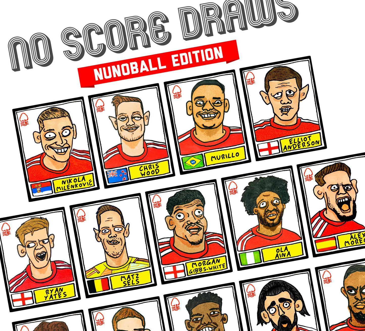 Nottingham Forest Vol 4 - No Score Draw Reds 23/24 Edition - A3 print of 28 hand-drawn Panini-style doodles of Steve Cooper's 23/24 NFFC