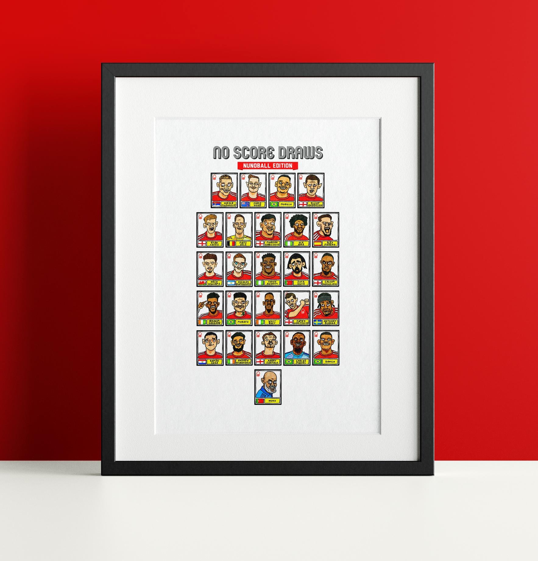 Nottingham Forest Vol 4 - No Score Draw Reds 23/24 Edition - A3 print of 28 hand-drawn Panini-style doodles of Steve Cooper's 23/24 NFFC