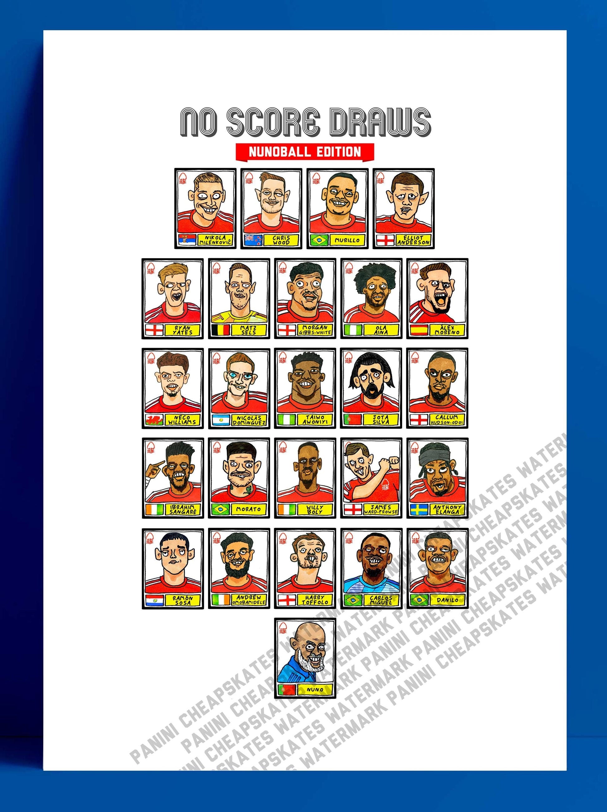 Nottingham Forest Vol 4 - No Score Draw Reds 23/24 Edition - A3 print of 28 hand-drawn Panini-style doodles of Steve Cooper's 23/24 NFFC