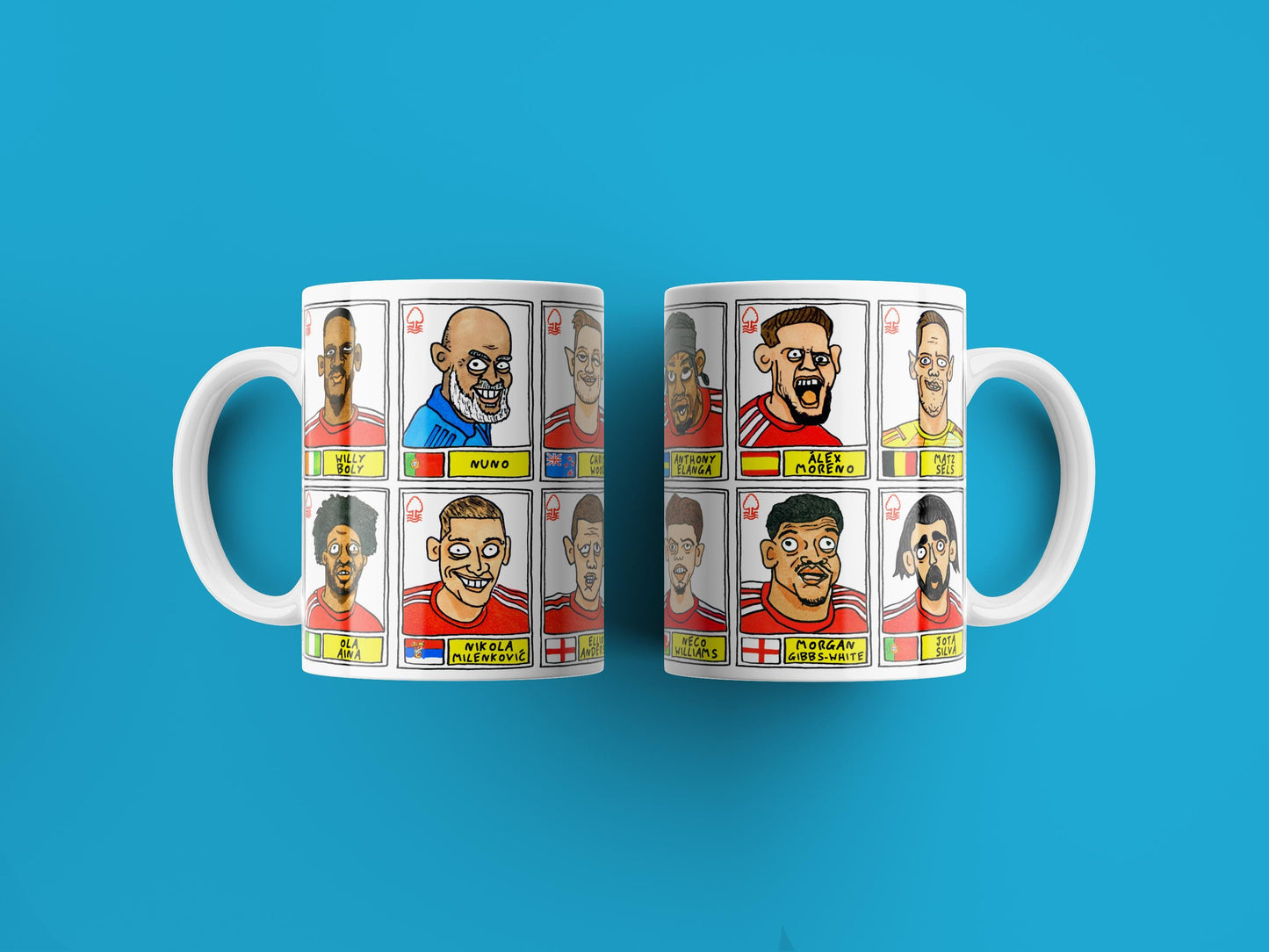 Nottingham Forest Vol 4 No Score Draws Mug Set - Set of TWO 11oz Ceramic Mugs with Wonky Panini-doodles of NFFC's 23/24 Premier League Squad