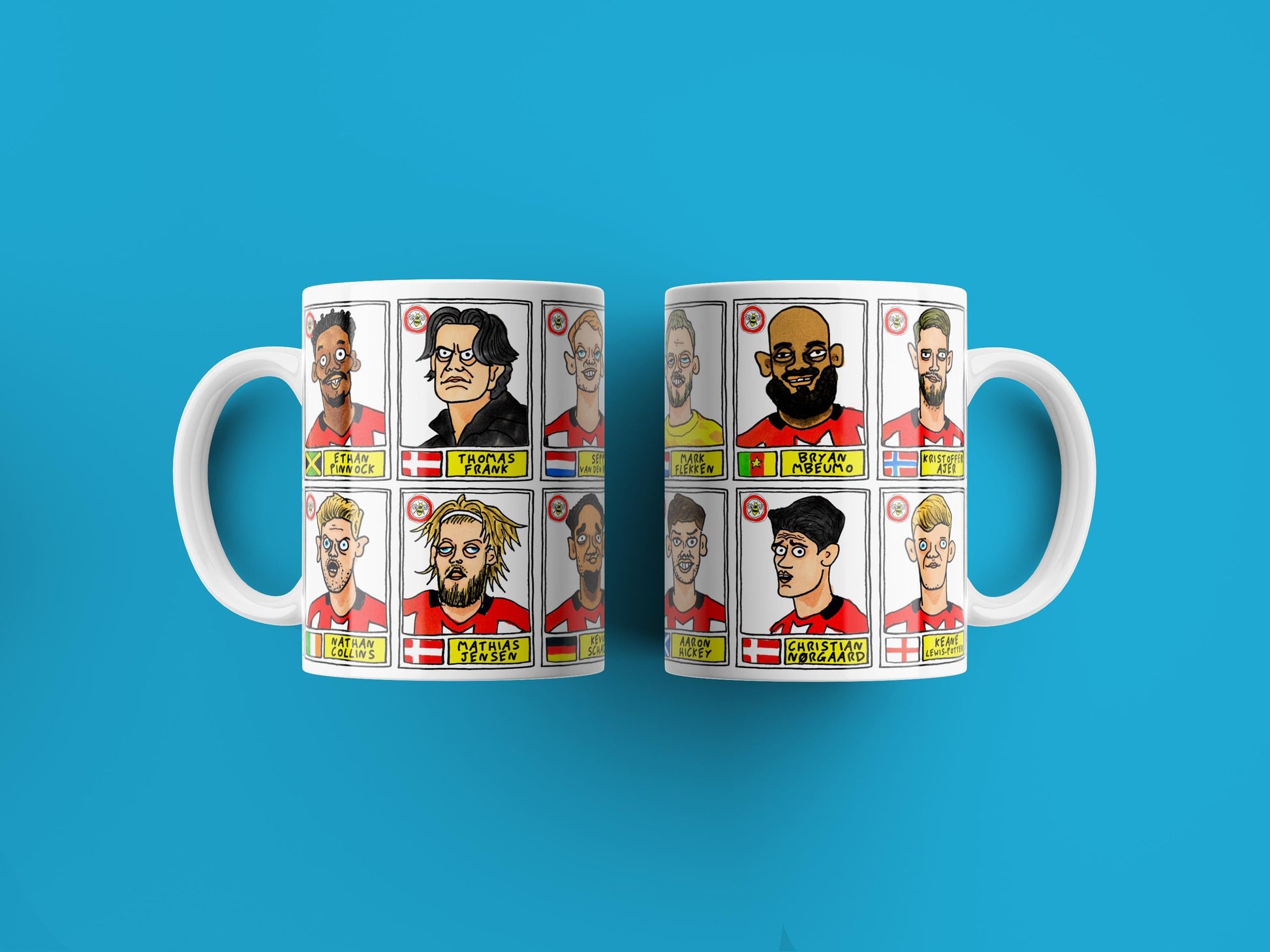 Brentford Vol 3 No Score Draws Mug Set - Set of TWO DIFFERENT 11oz Ceramic Mugs with Wonky Panini-Style Doodles Of Thomas Frank's 24/25 Team