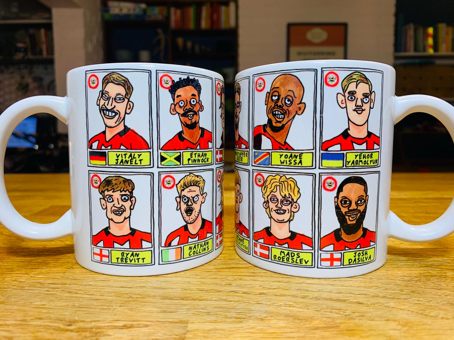 Brentford Vol 3 No Score Draws Mug Set - Set of TWO DIFFERENT 11oz Ceramic Mugs with Wonky Panini-Style Doodles Of Thomas Frank's 24/25 Team